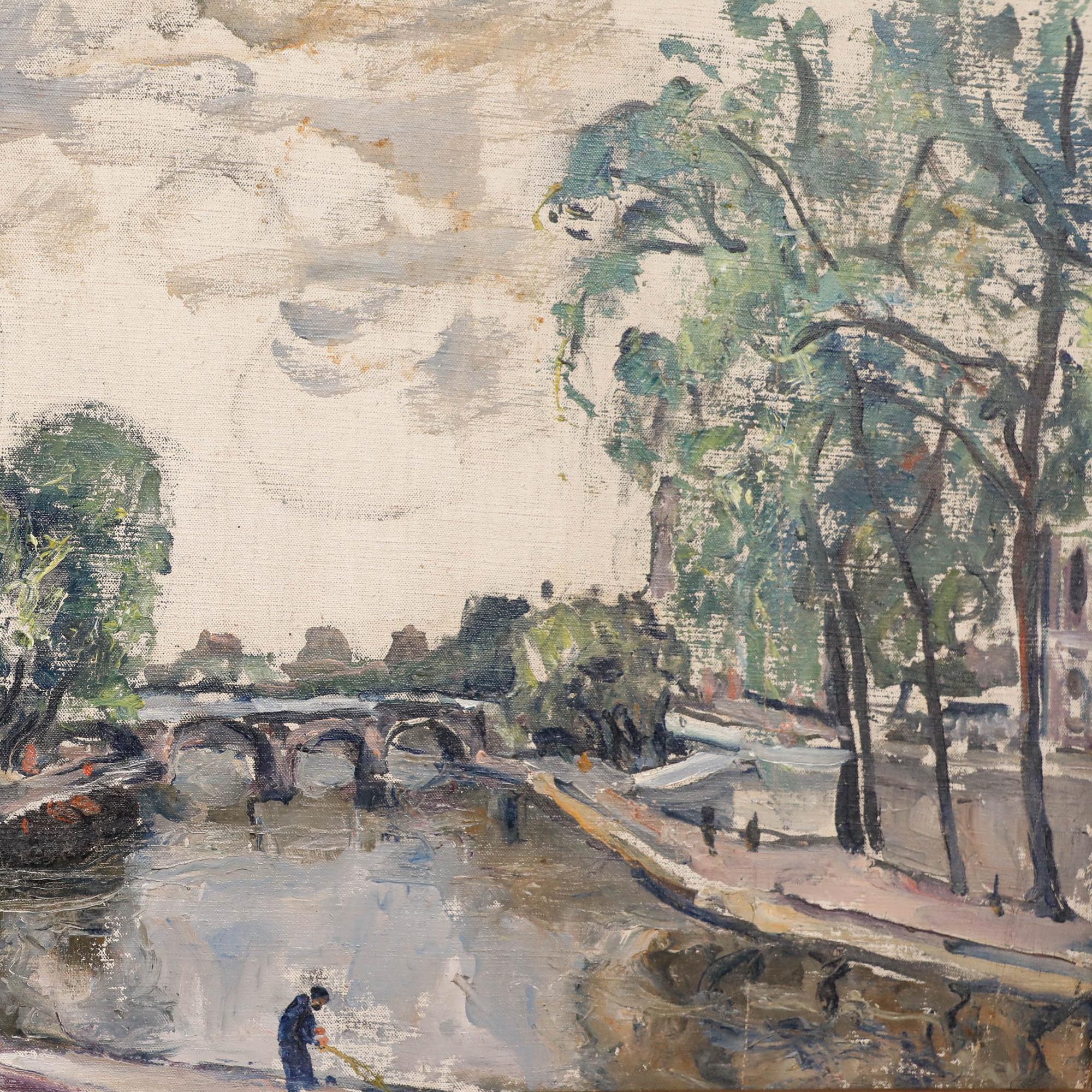 This atmospheric landscape painting by the artist Herand Gulbenkian (1880-1968) depicts the Pont Neuf Bridge in Paris, framed by lush trees along both embankments under a dramatic, cloudy sky. The artist employs loose, impressionistic brushwork and
