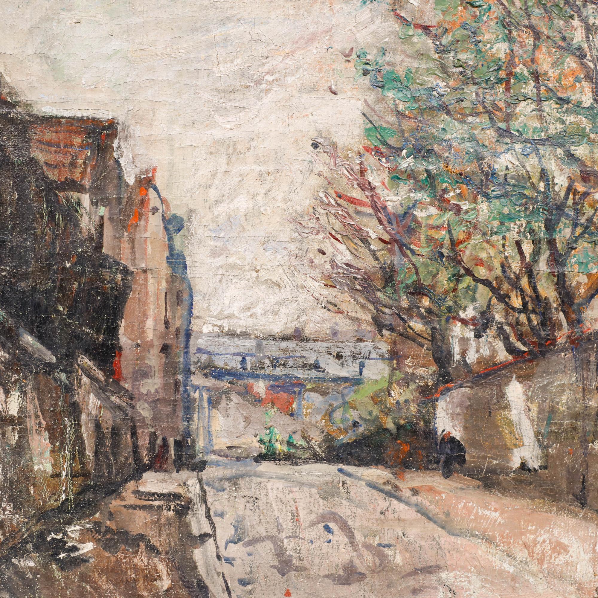 This impressionistic painting captures a moody urban streetscape, with tall trees and buildings framing a winding cobblestone road. The artist's loose brushstrokes and muted colour palette evoke a sense of atmosphere, bringing to life the textured