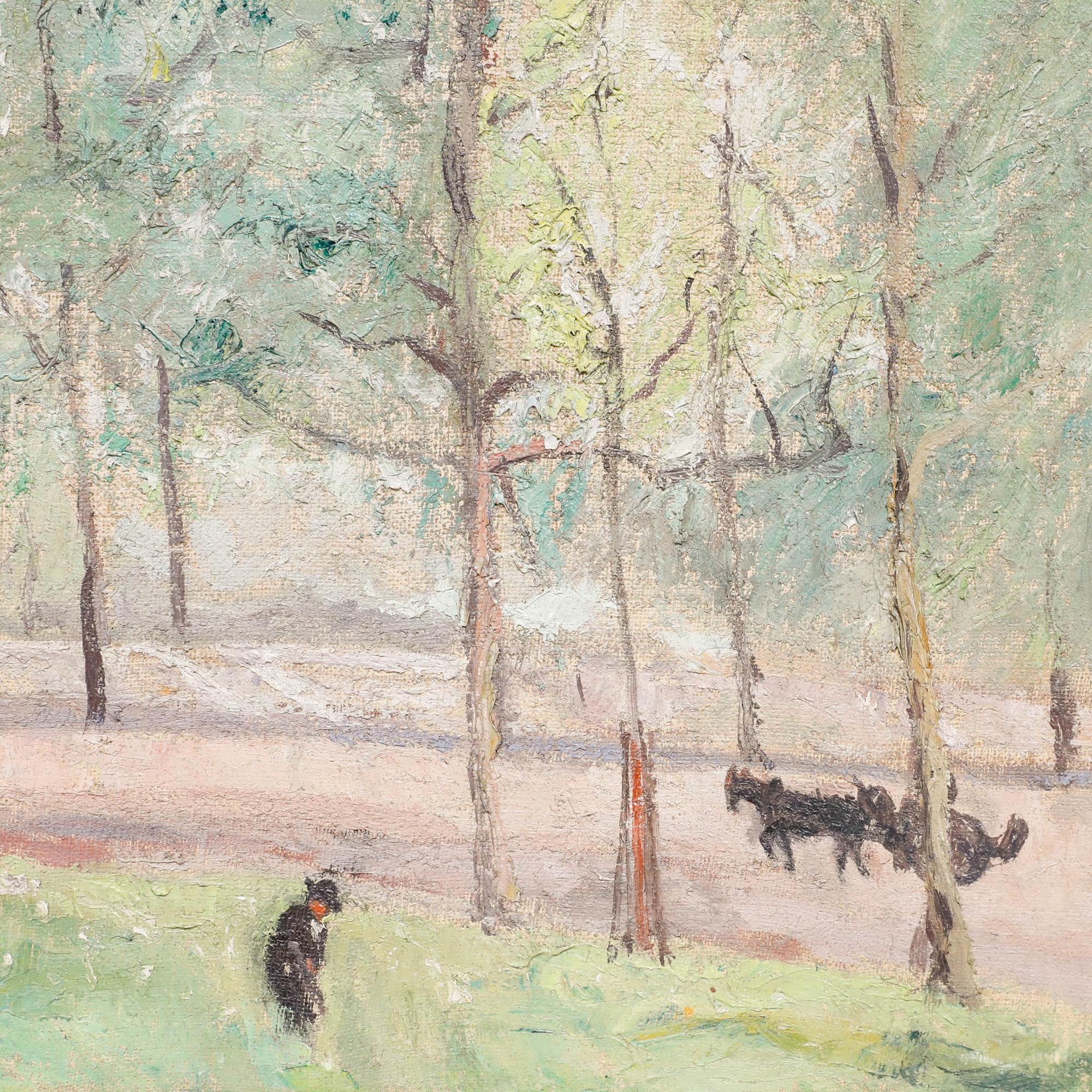 A charming depiction of a farmer and cart horses working on a field at the edge of a woodland area. Captured in a loose, impressionistic style with softly rendered trees and muted tones. Signed to the lower left. Presented in a gilt frame with a