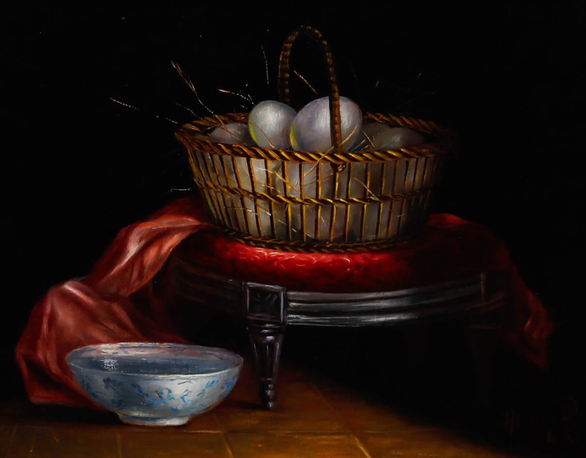 Herdin Radke (n.1943) - Óleo del siglo XX enmarcado, Bodegón con cesta de huevos - Painting de Unknown