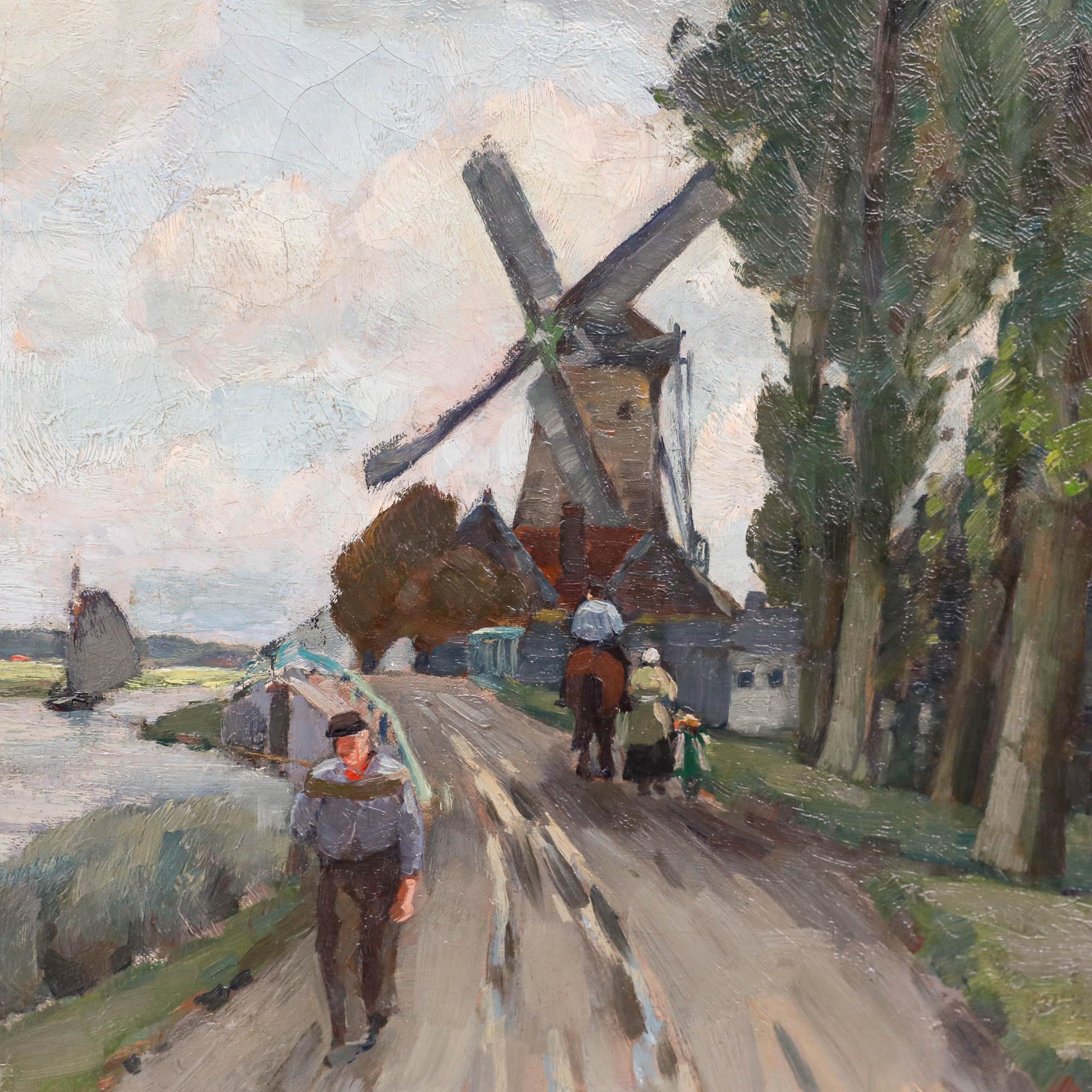 This pastoral landscape painting depicts a traditional Dutch windmill set along a tree-lined country road, with figures travelling the path beneath a dramatic sky filled with billowing clouds. Signed to the lower right. Presented in a gilt frame