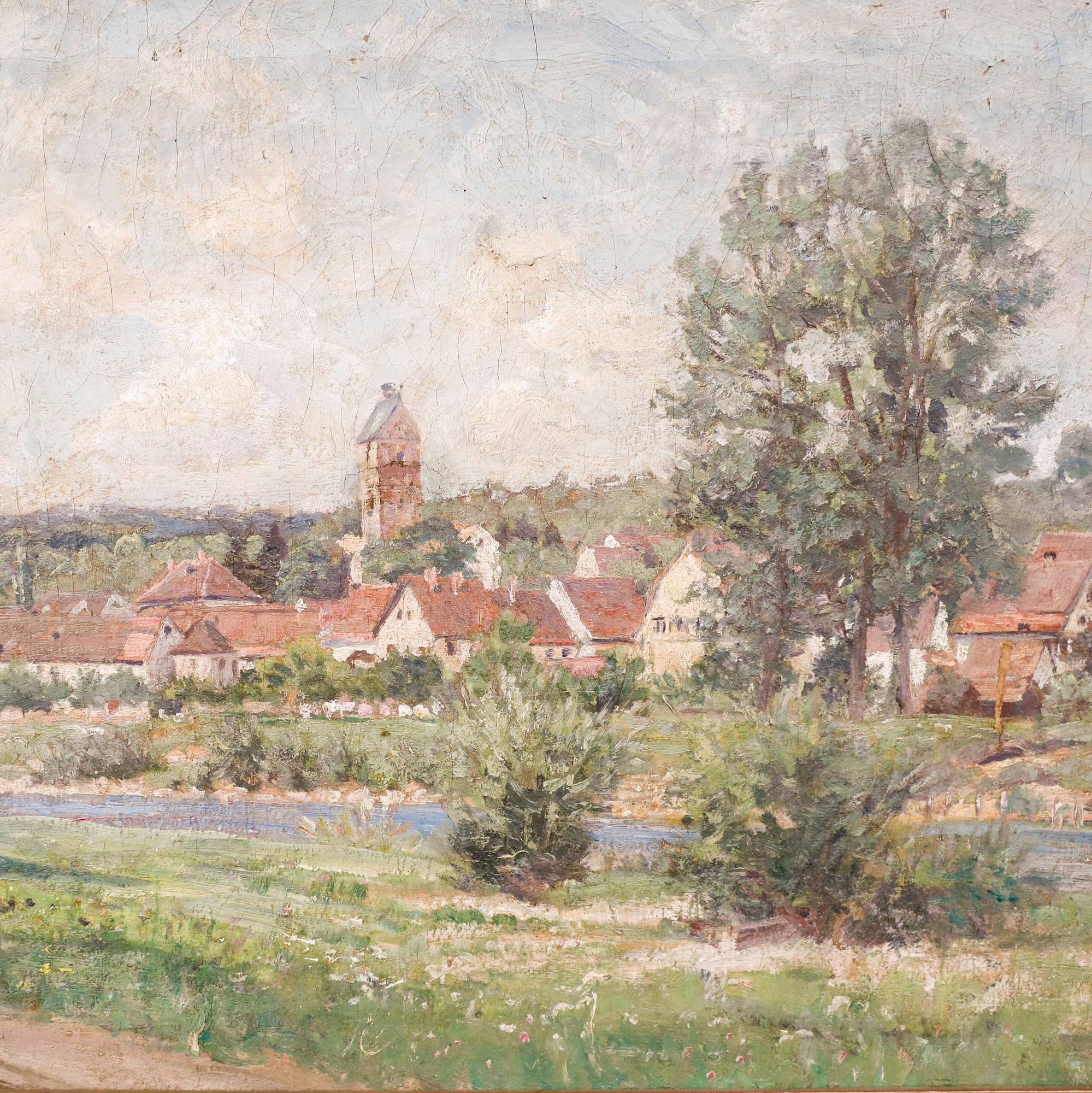 This pastoral landscape painting depicts the charming municipality of Neckartailfingen, Germany nestled along a gentle river, with a prominent church tower rising above clusters of traditional red-roofed houses.

Signed to the lower left. Presented