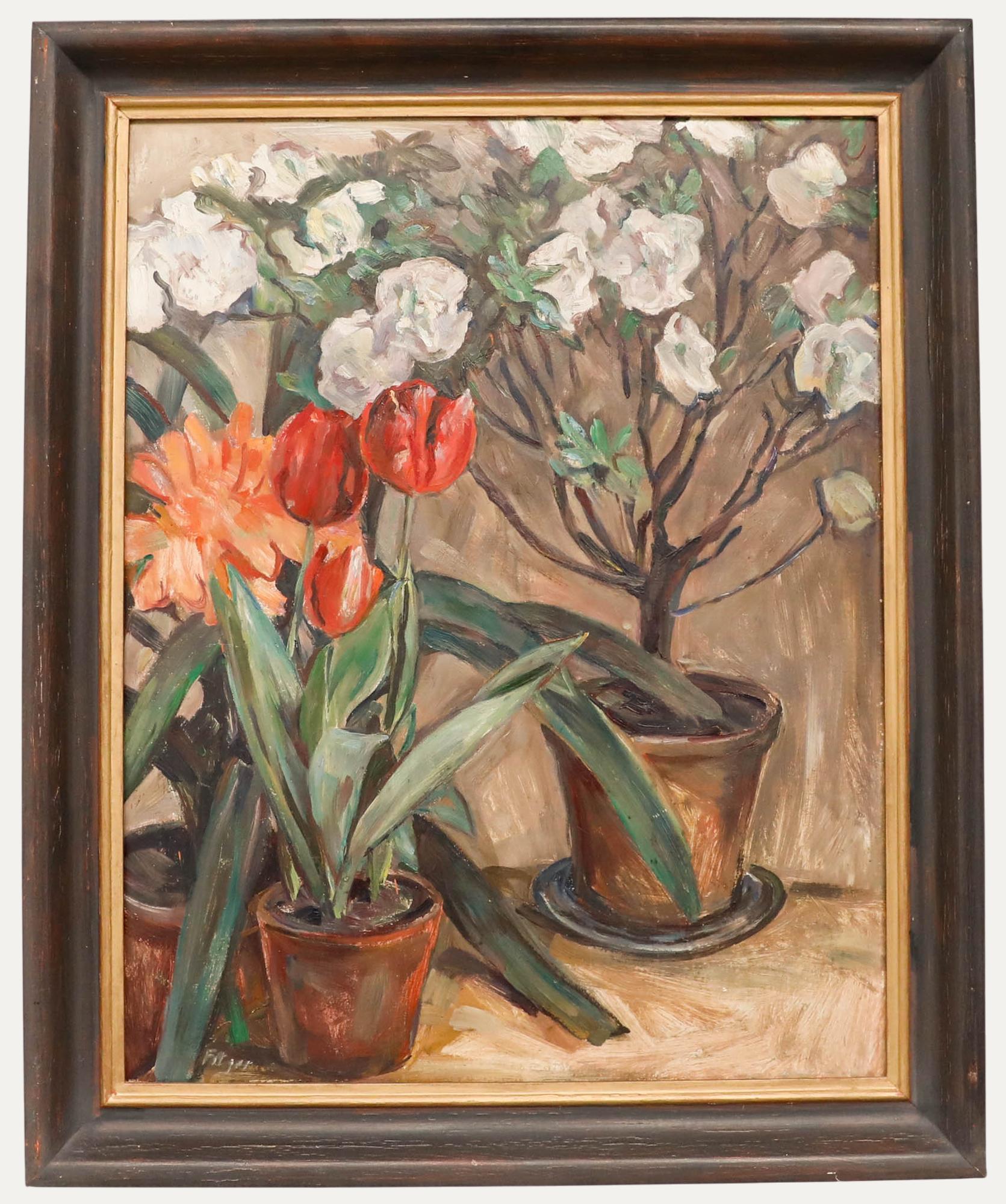 Hermann Fitger (1891-1986) - c.1935 Olio, Tulipani rossi e azalee