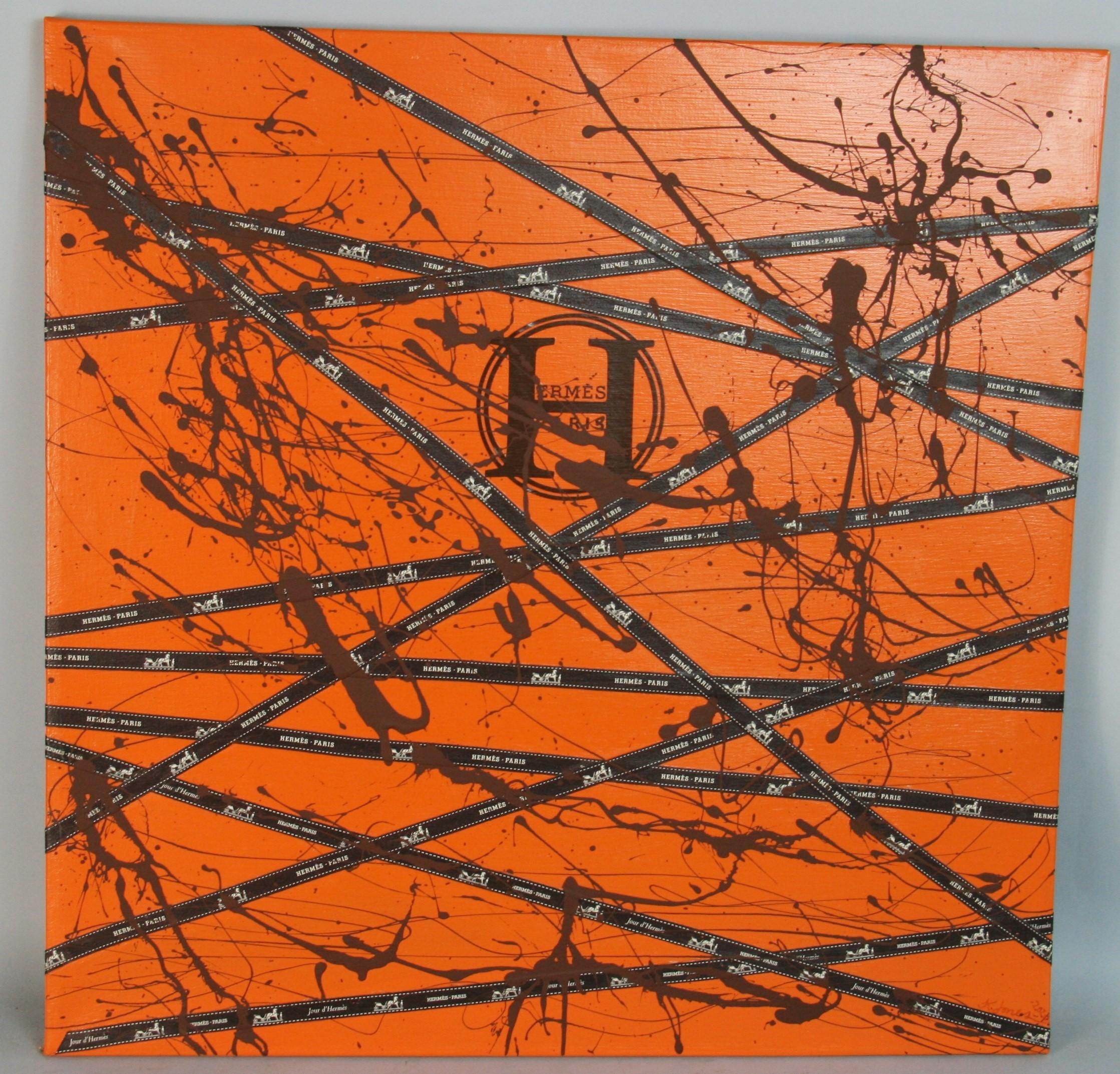 Unknown Abstract Painting - Hermes Modern French Acrylic Ribbons and Orange 2020