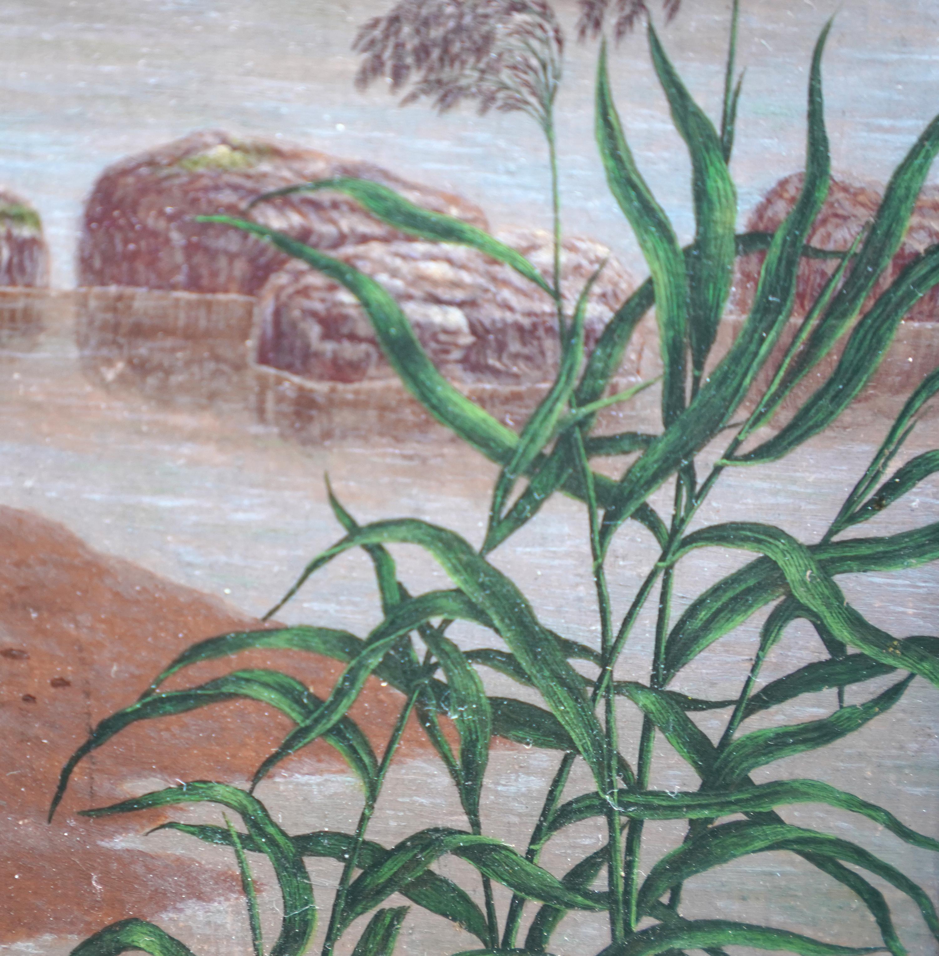 Heron by Water's Edge - Anglo-Indian 19th century bird art oil painting For Sale 5