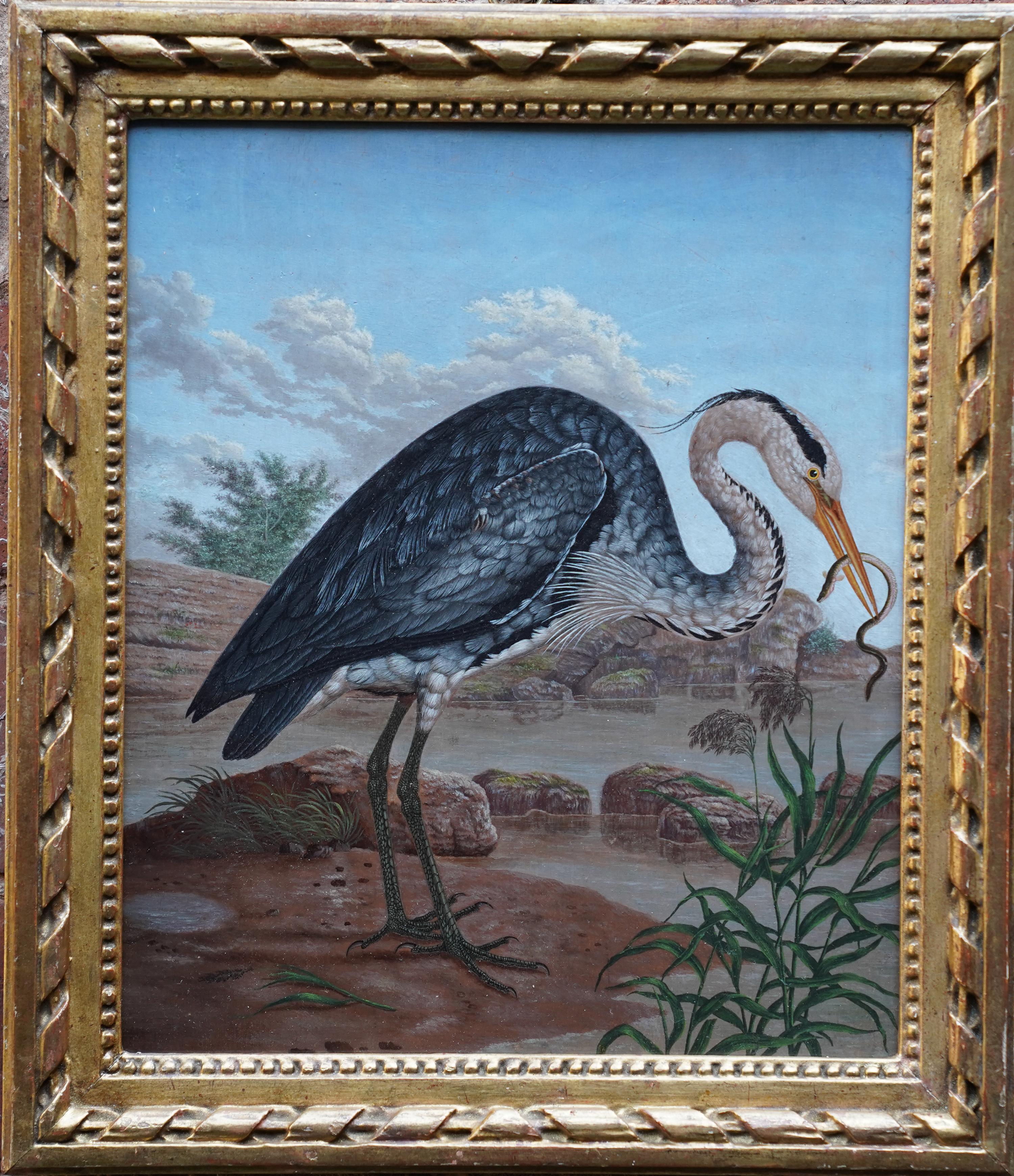 Heron by Water's Edge - Anglo-Indian 19th century bird art oil painting For Sale 10