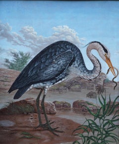 Heron by Water's Edge - Anglo-Indian 19th century bird art oil painting
