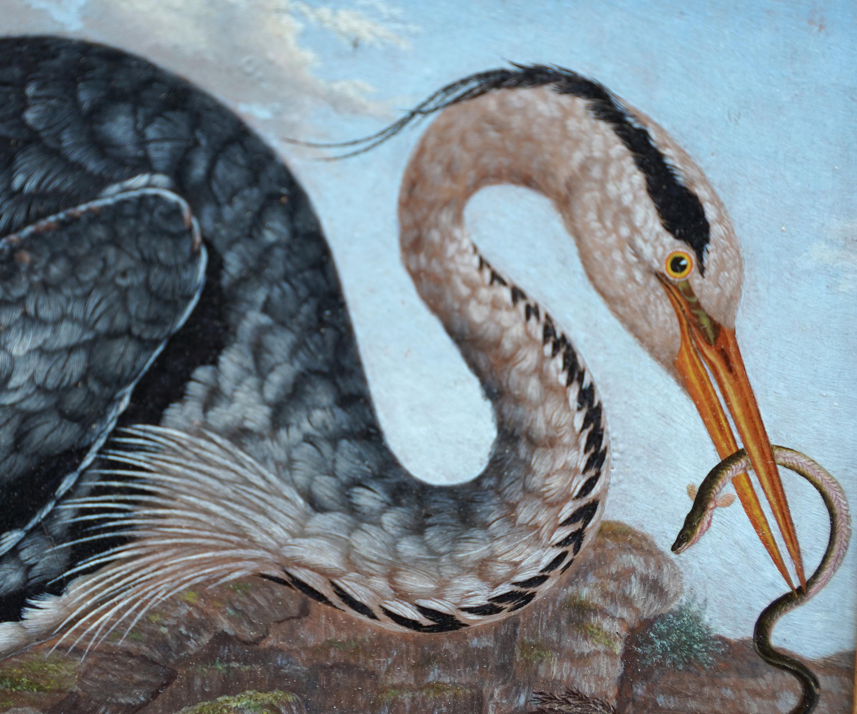 Heron by Water's Edge - Anglo-Indian 19th century bird art oil painting For Sale 1
