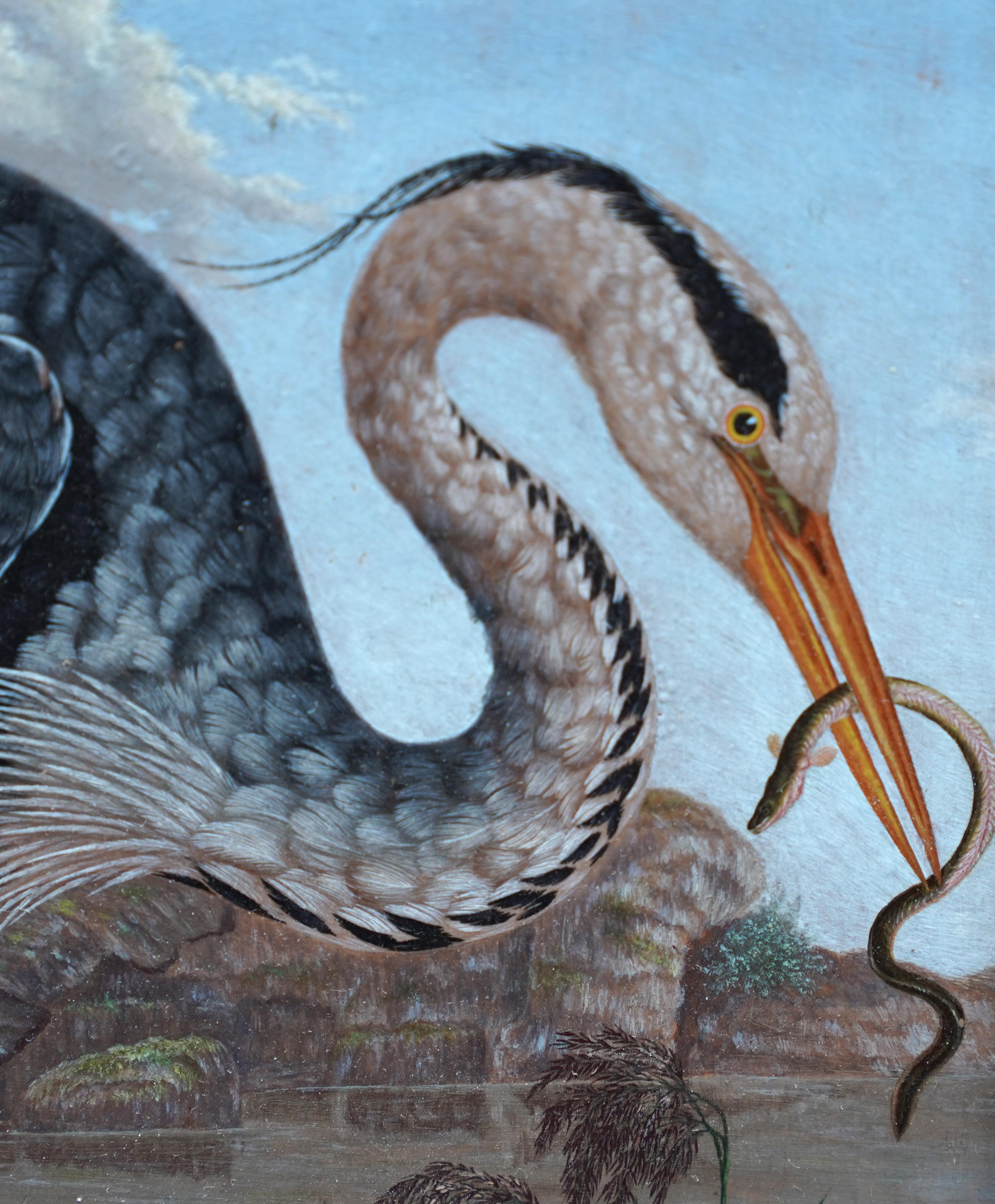 Heron by Water's Edge - Anglo-Indian 19th century bird art oil painting For Sale 2