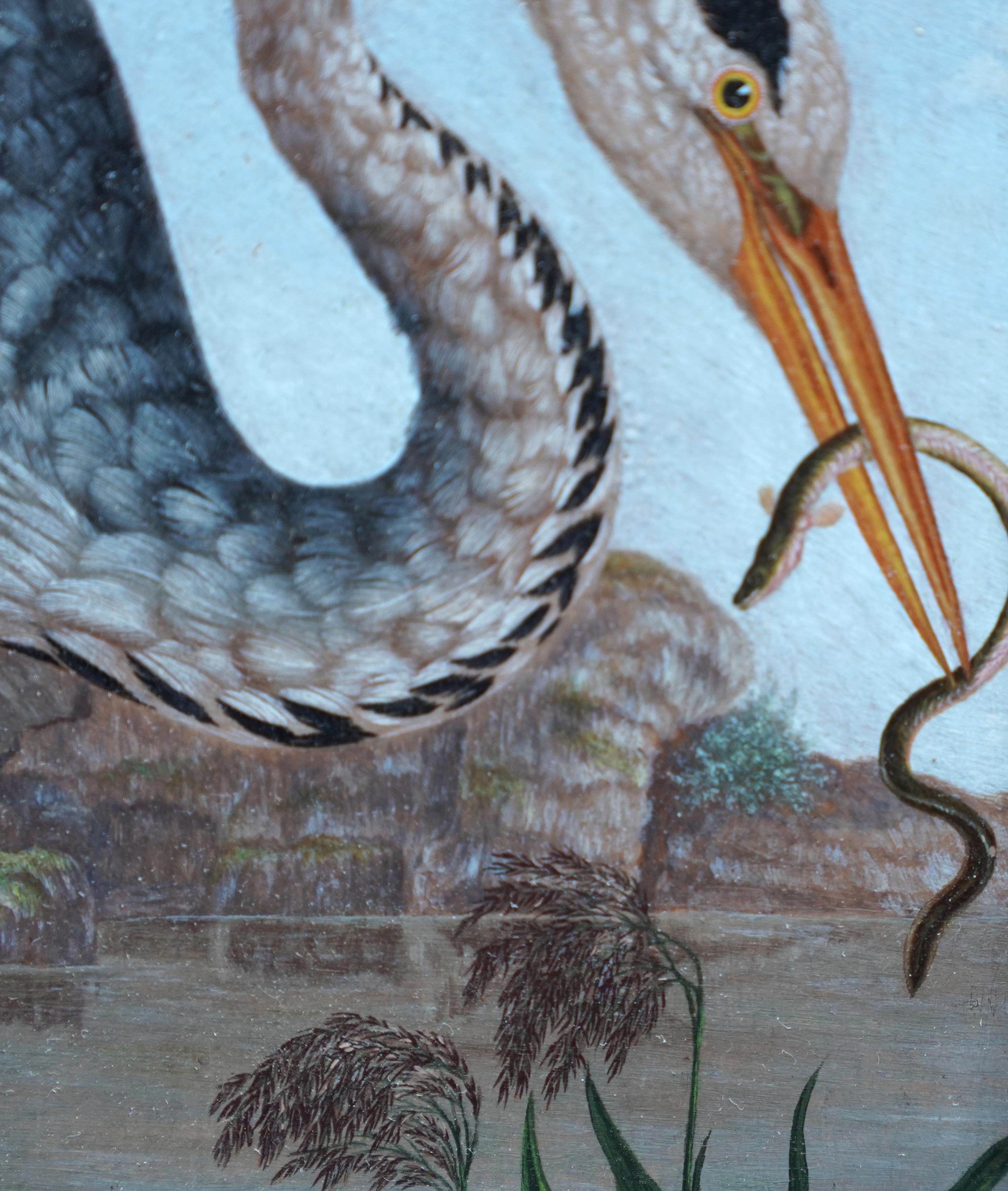 Heron by Water's Edge - Anglo-Indian 19th century bird art oil painting For Sale 3