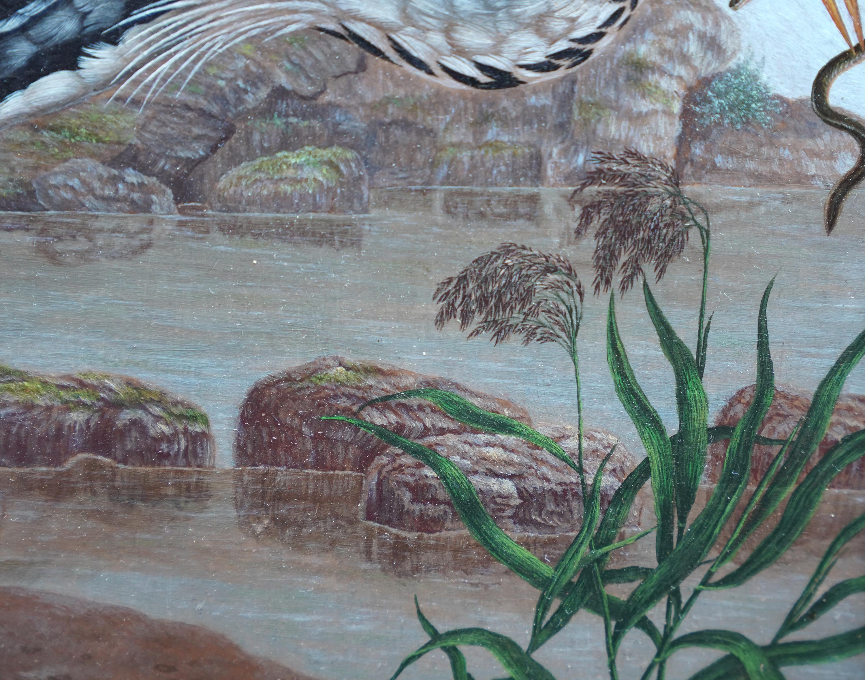 Heron by Water's Edge - Anglo-Indian 19th century bird art oil painting For Sale 4