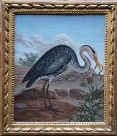 Heron by Water's Edge - Anglo-Indian 19th century bird art oil painting