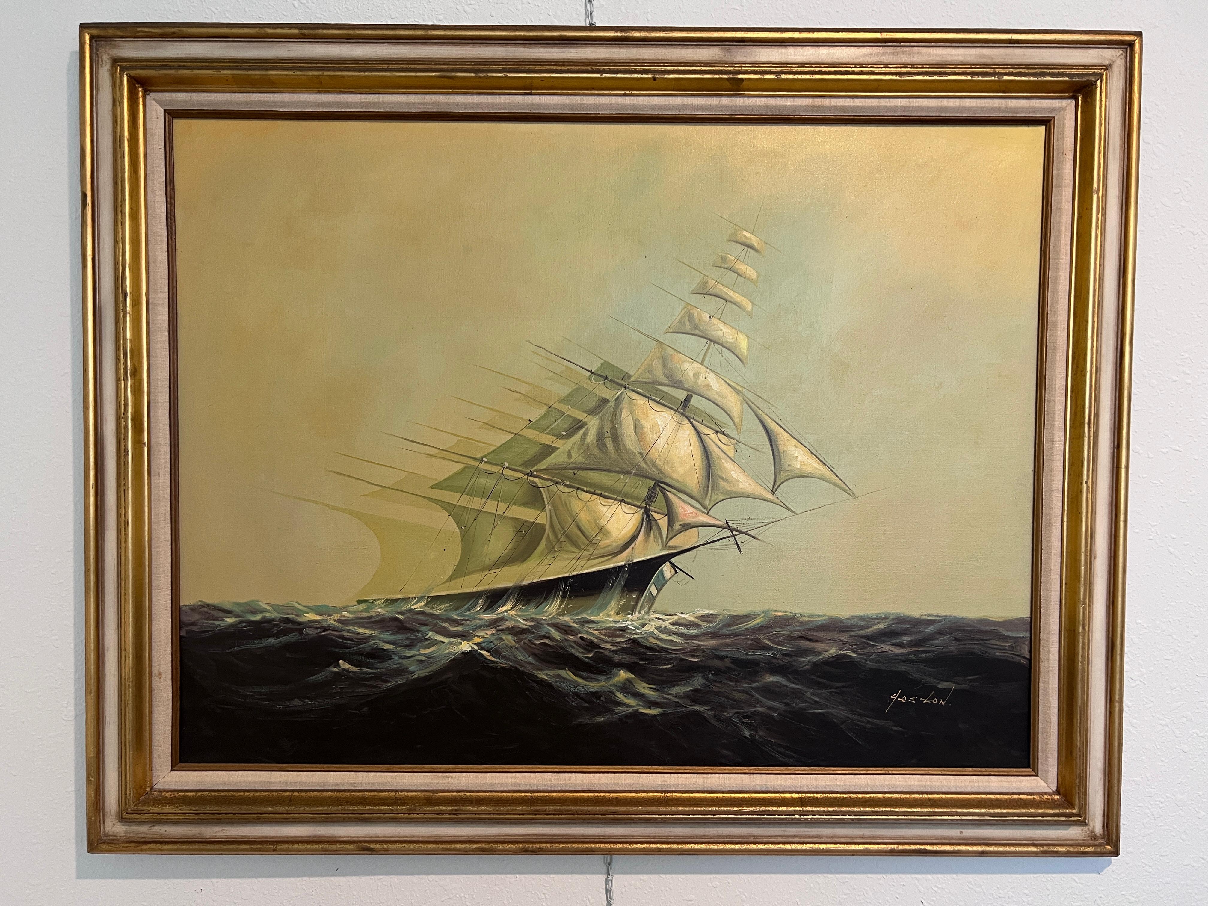 Originales Ölgemälde auf Leinwand von Heston  Große gerahmte Segelschiff- Meereslandschaftskunst-Kunst – Painting von Unknown