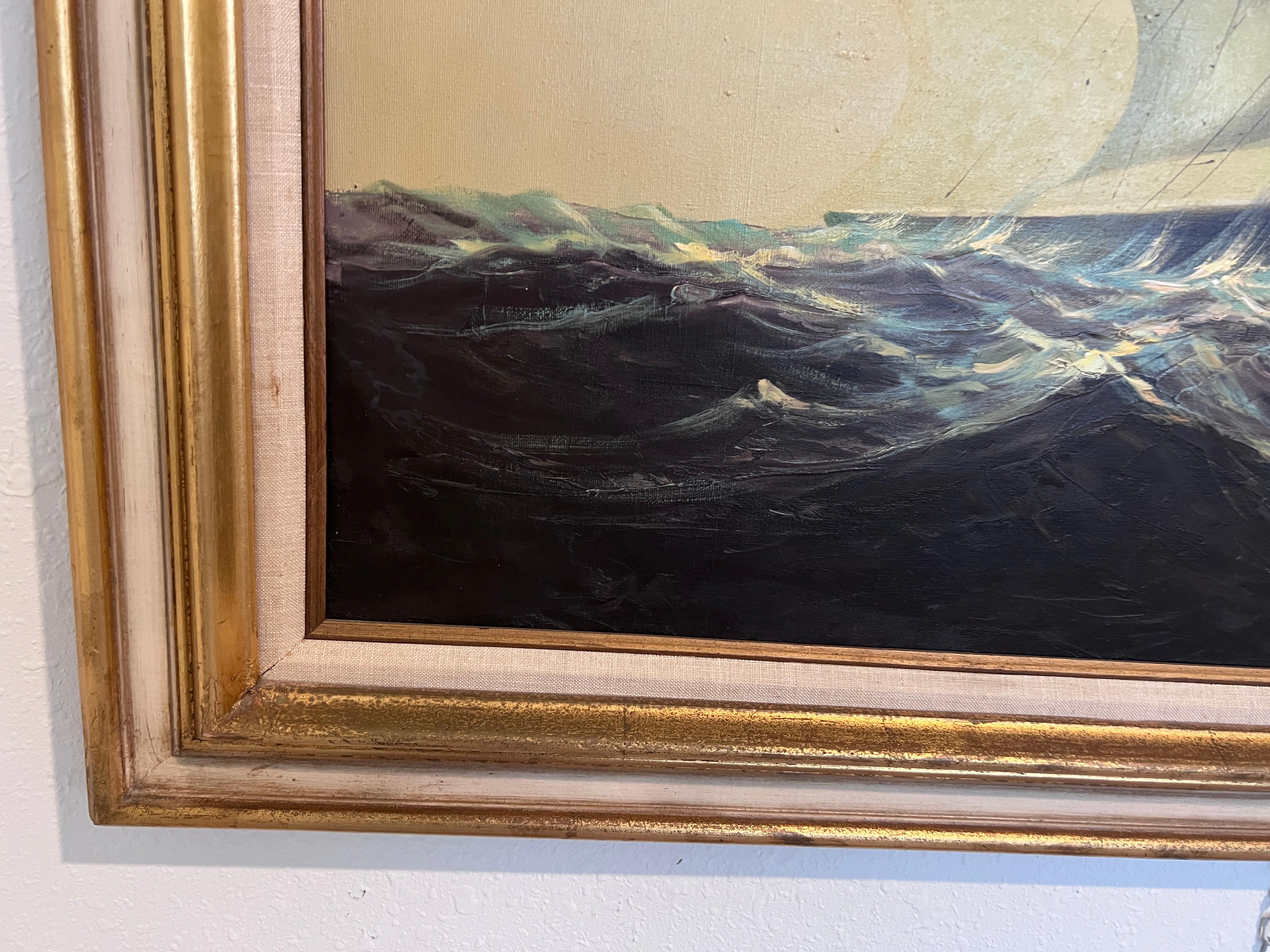 Originales Ölgemälde auf Leinwand von Heston  Große gerahmte Segelschiff- Meereslandschaftskunst-Kunst (Braun), Landscape Painting, von Unknown