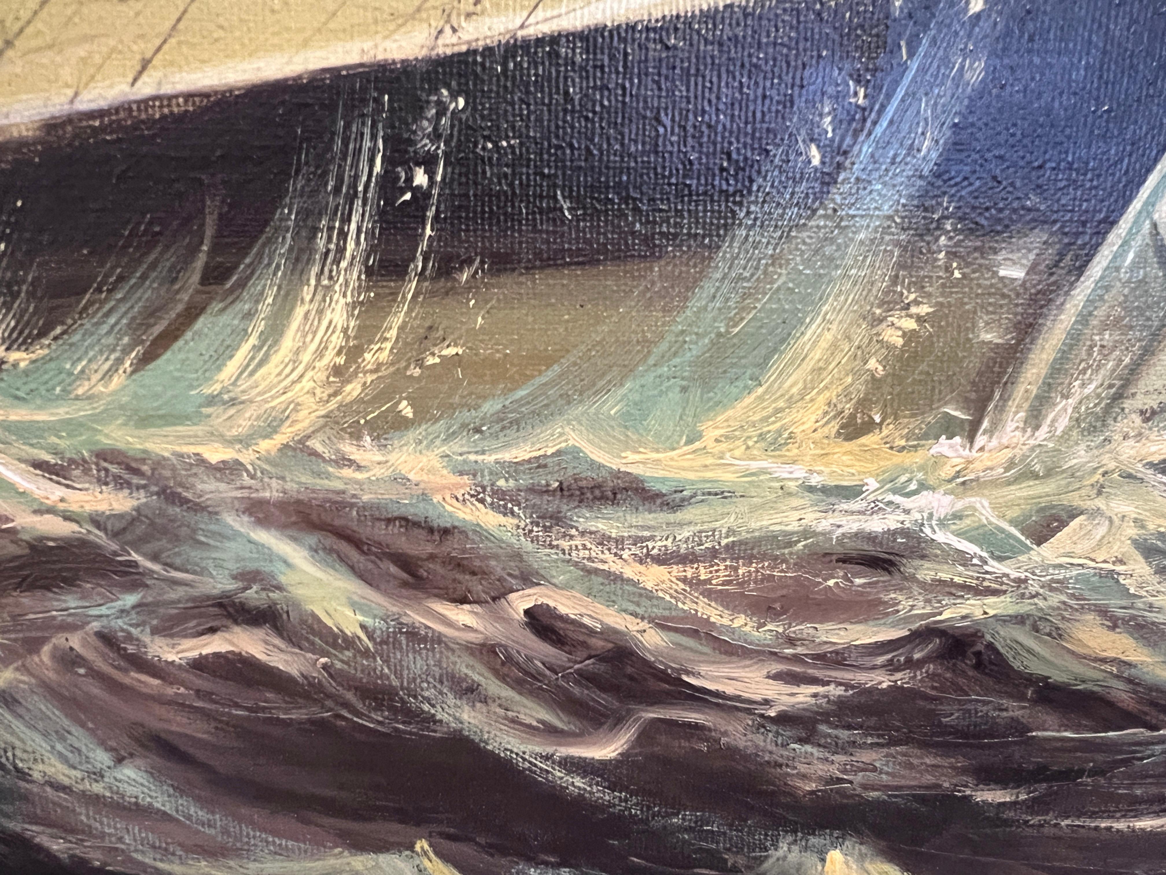 Originales Ölgemälde auf Leinwand von Heston  Große gerahmte Segelschiff- Meereslandschaftskunst-Kunst im Angebot 4
