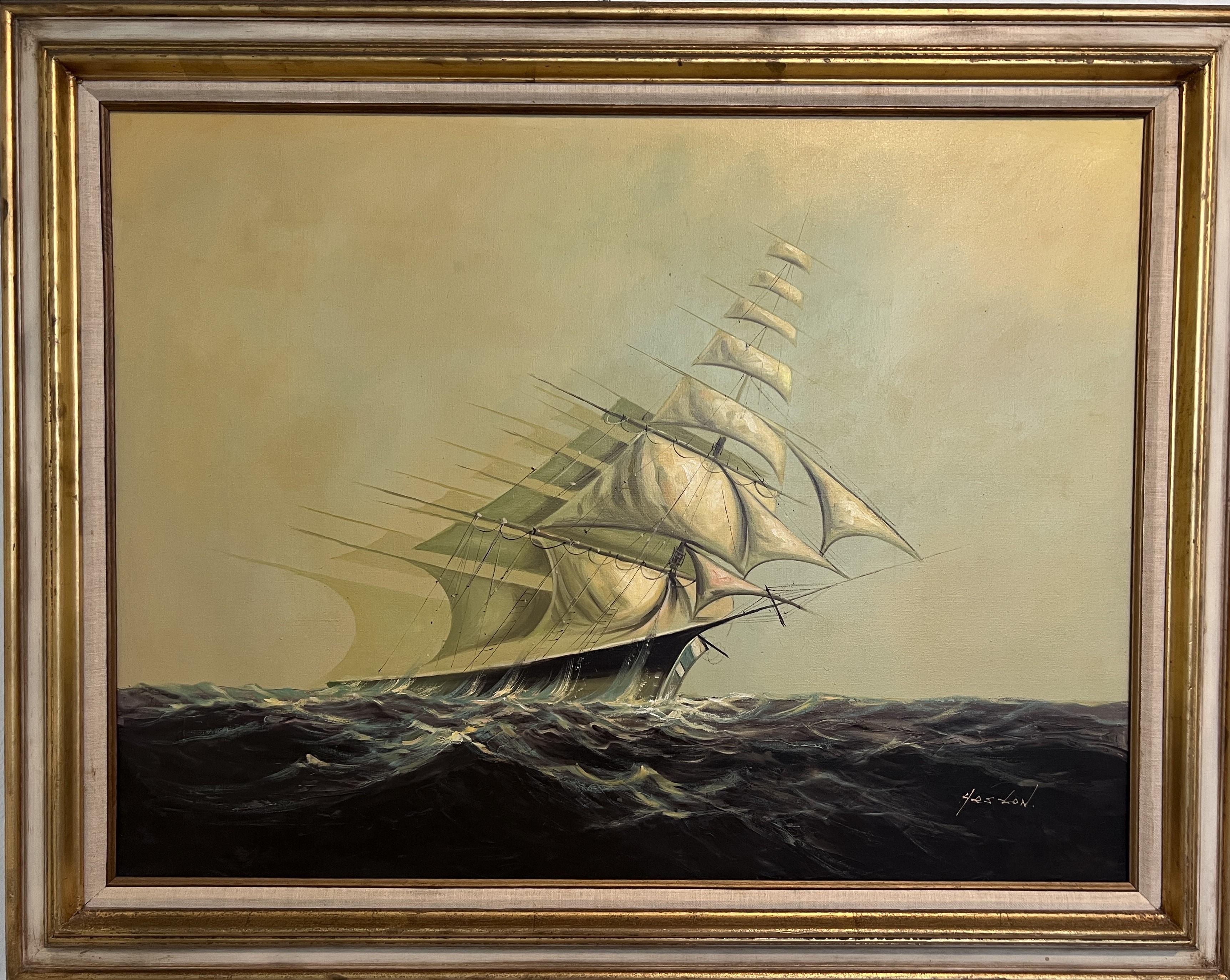 Originales Ölgemälde auf Leinwand von Heston  Große gerahmte Segelschiff- Meereslandschaftskunst-Kunst