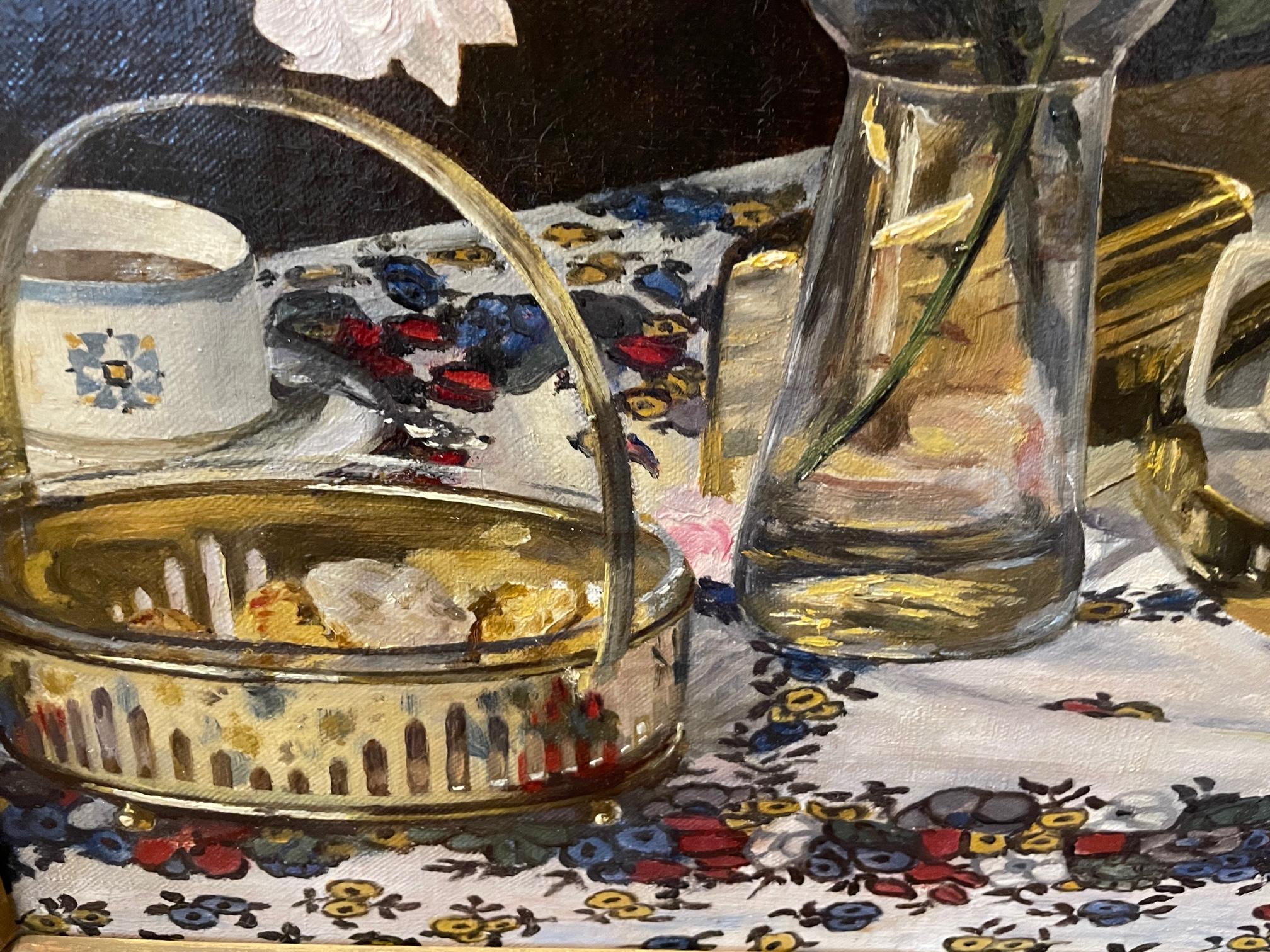 Dutch teatime service, Het Servies, demonstrates superb contrast with the white service, brilliant color definition in the cloth against the wood panelled walls. Dutch, probably mid 20th century perhaps early 20th century, the oil on canvas comes