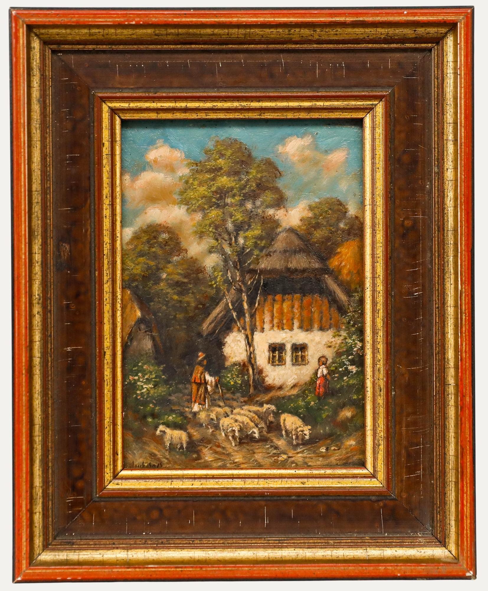 Unknown Landscape Painting – Heuberger - Gerahmtes Öl des späten 19. Jahrhunderts, Begegnung mit dem Hirten
