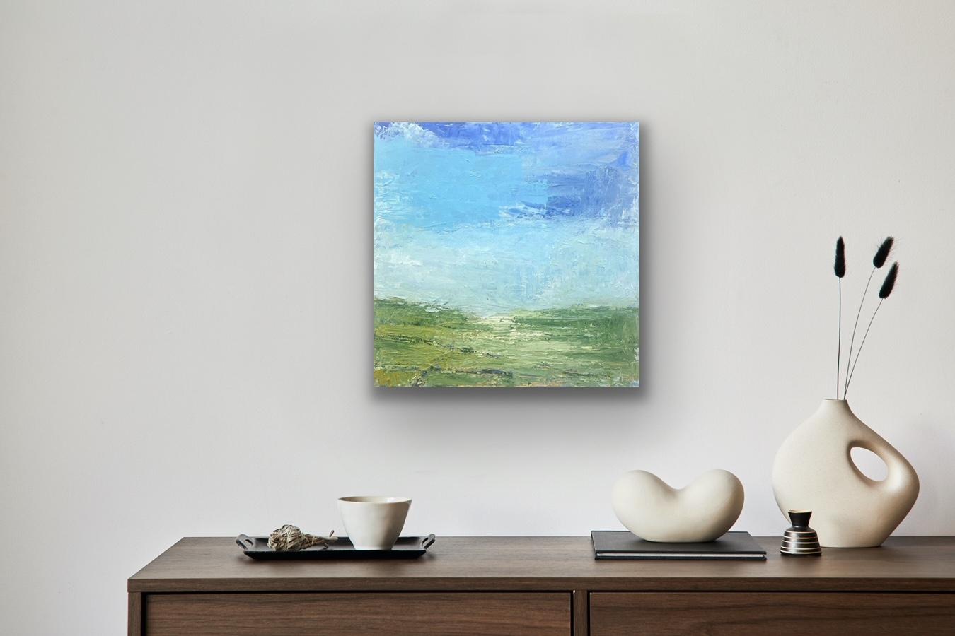 This a a vibrant, uplifting work of art, conveying the spirit where ocean meets the sea.  The artist has a gift for color and uses this as a tool to create a place of calm ambiance where the viewer can daydream a bit.  The piece has a slight bit of
