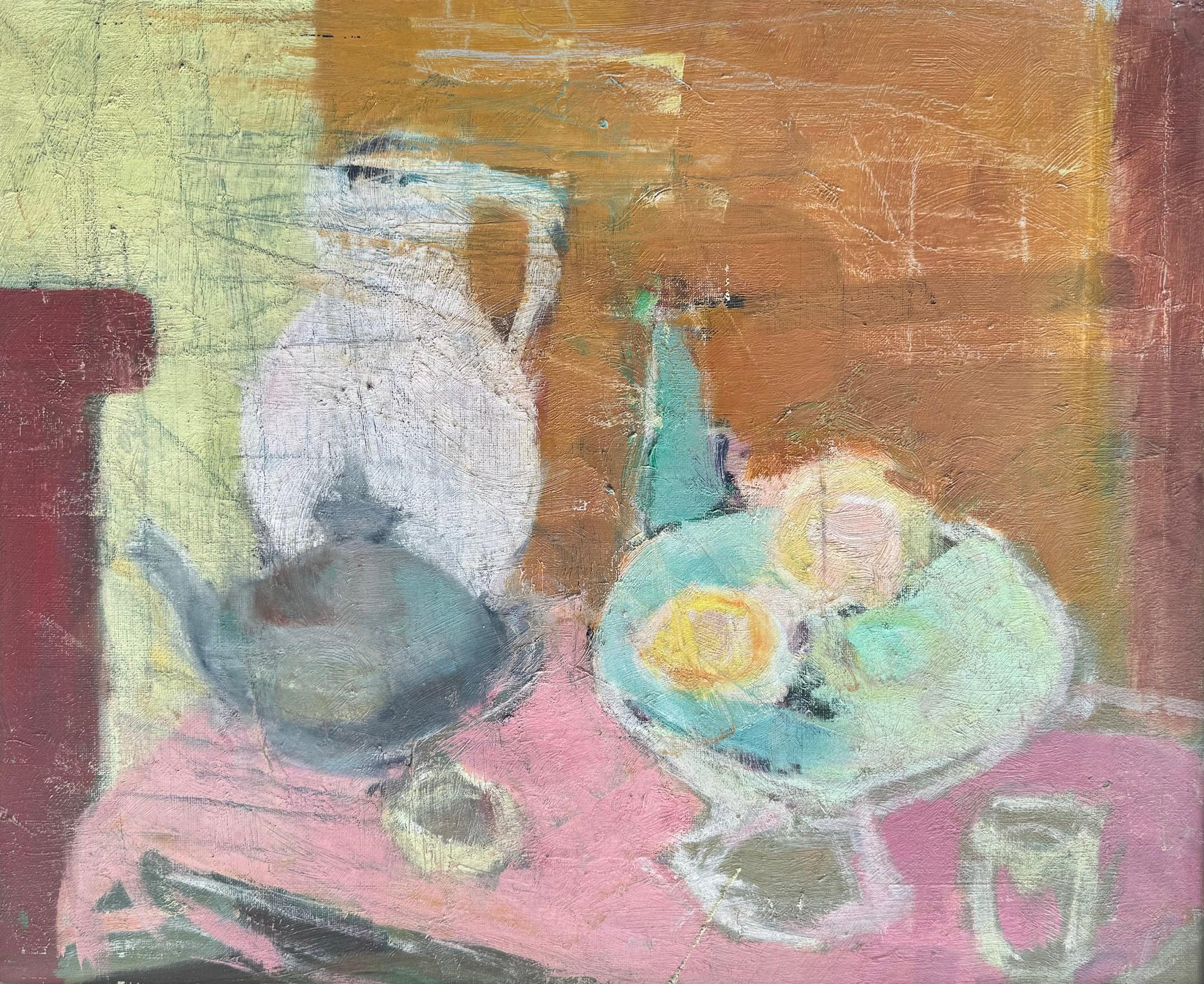 Unknown Still-Life Painting - High Tea, Framed Oil on Canvas Colorful Still Life With Pink, Fruit, Teapot