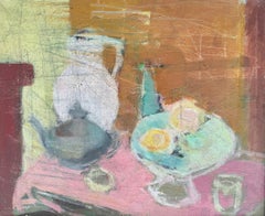 High Tea, gerahmtes Ölgemälde auf Leinwand, farbenfrohes Stillleben mit Rosa, Obst, Teekanne