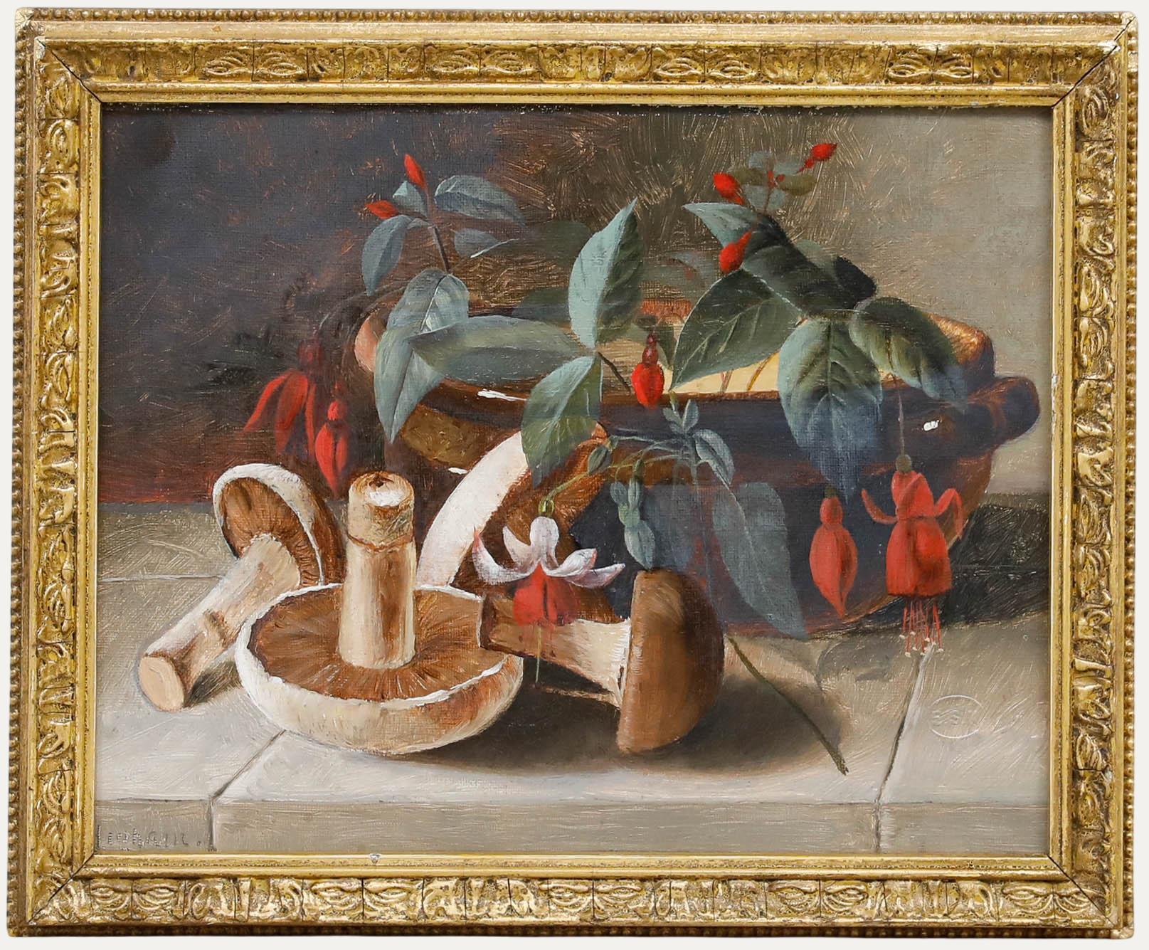 Unknown Still-Life Painting - Higham - Framed Early 20th Century Oil, Fuchsia and Mushrooms