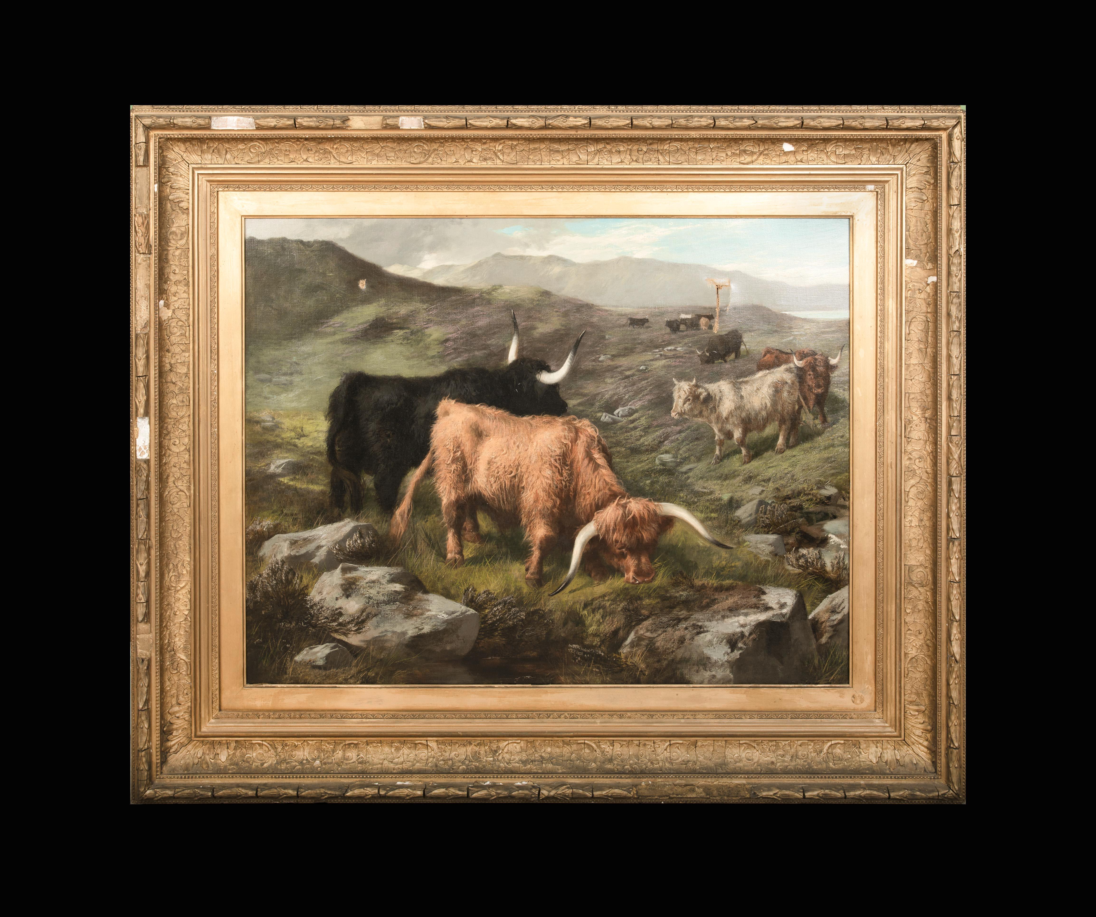 Highland Cattle, 19th Century  by E R Breach (19th Century, Scottish)   - Painting by Unknown