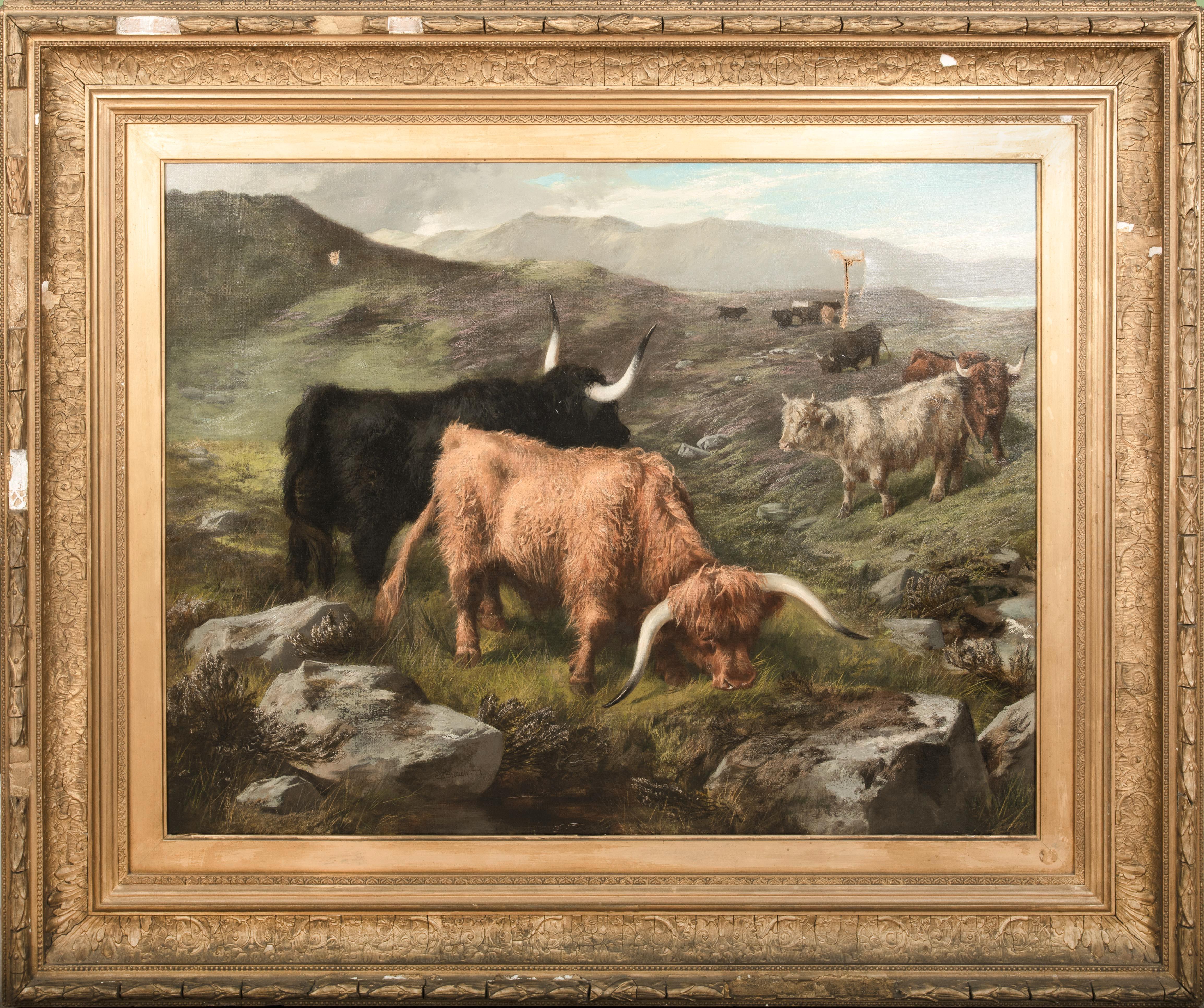 Unknown Animal Painting - Highland Cattle, 19th Century  by E R Breach (19th Century, Scottish)  