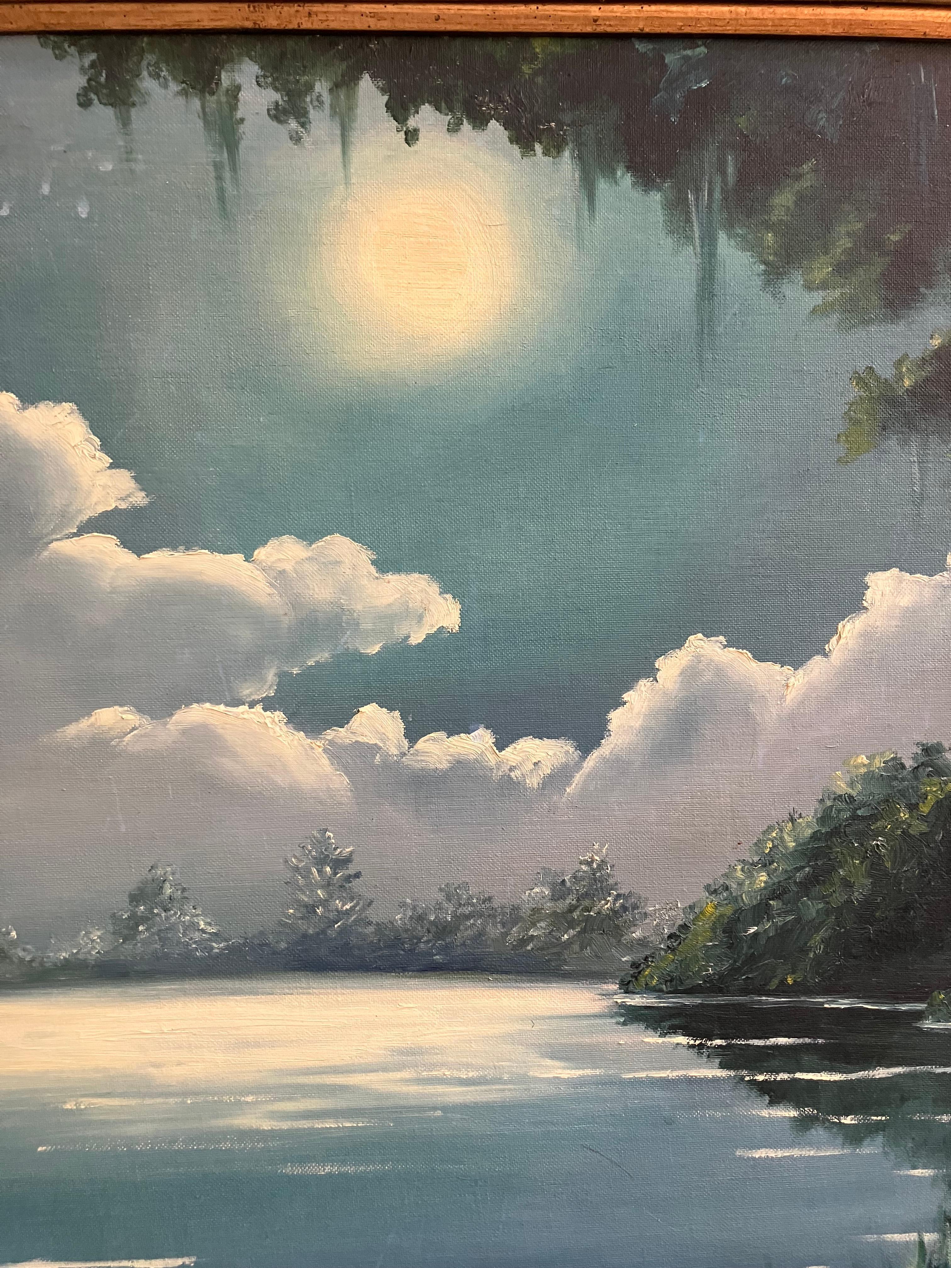 Fabelhaftes großes Florida-Gemälde, ganz im Stil der Wegelagerer. Ich glaube, dass es von einer Künstlerin aus Jensen Beach, Florida, stammt: Elaine Defenthaler. Sie ist 2013 verstorben und war offensichtlich eine sehr talentierte Künstlerin. Das