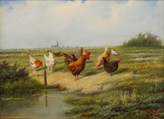 Hilaire Bals (b.1940) - Belgium School Oil, Cockerel & Hens in a Landscape