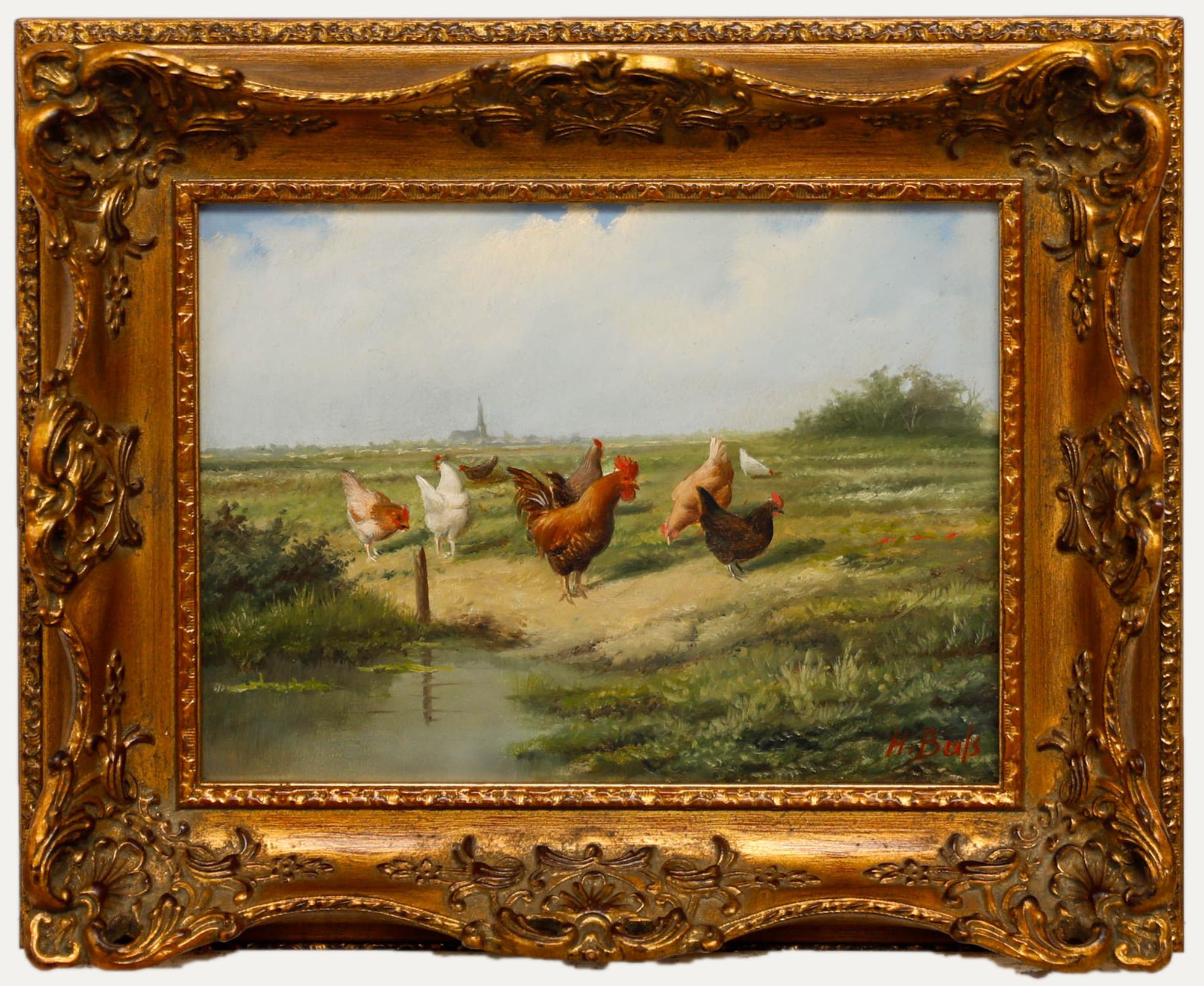 Unknown Animal Painting - Hilaire Bals (b.1940) - Belgium School Oil, Cockerel & Hens in a Landscape