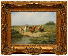 Hilaire Bals (b.1940) - Belgium School Oil, Cockerel & Hens in a Landscape