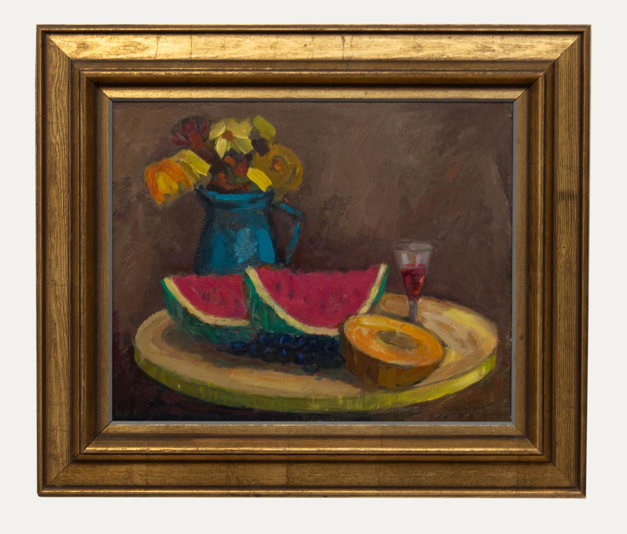 Unknown Still-Life Painting - Hilding Högberg (1897-1995) - Mid 20th Century Oil, Watermelon and Flowers