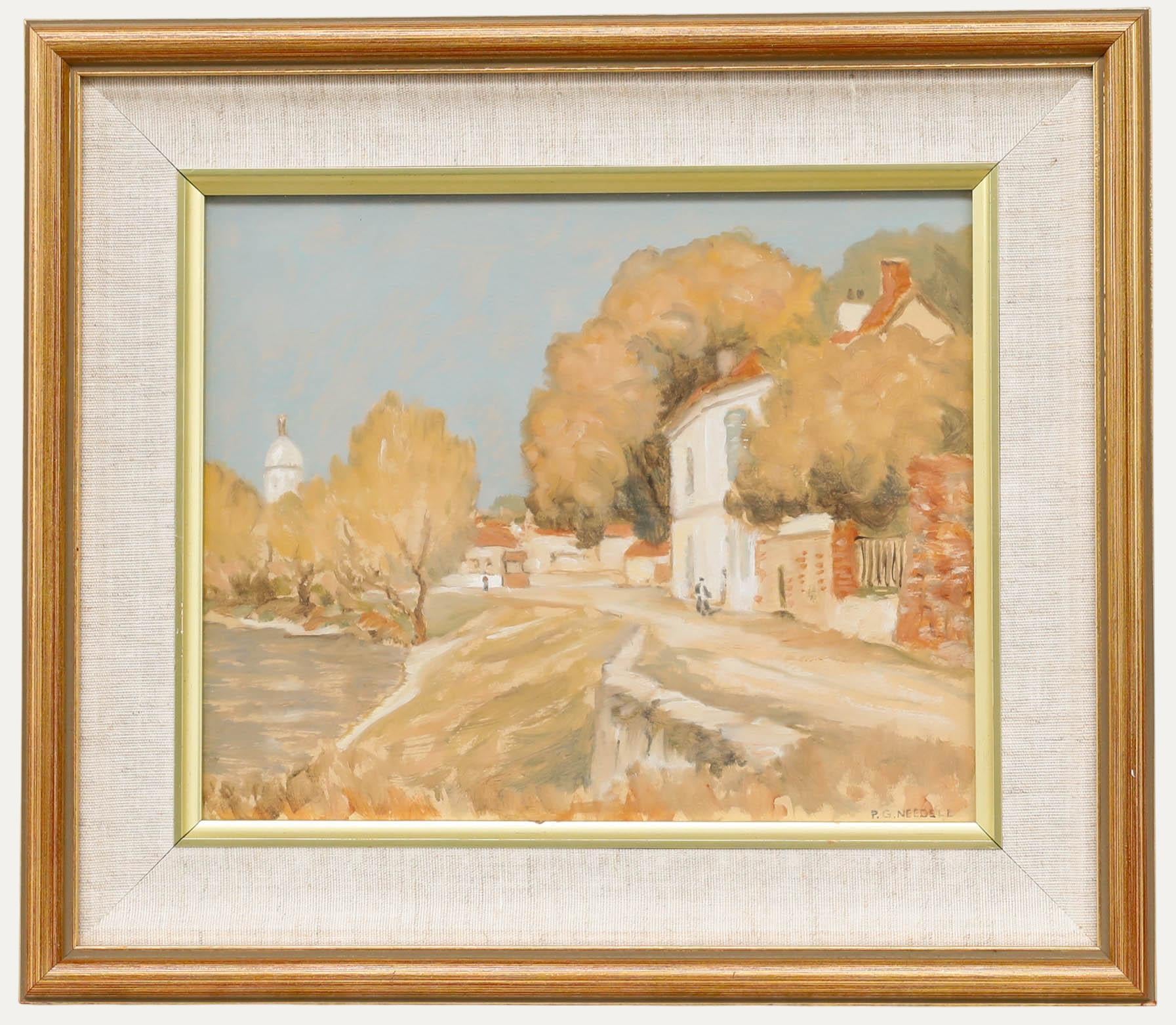 Unknown Landscape Painting – hilip Gregory Needell (1886-1974) - Öl, Kontinentale Dorfszene