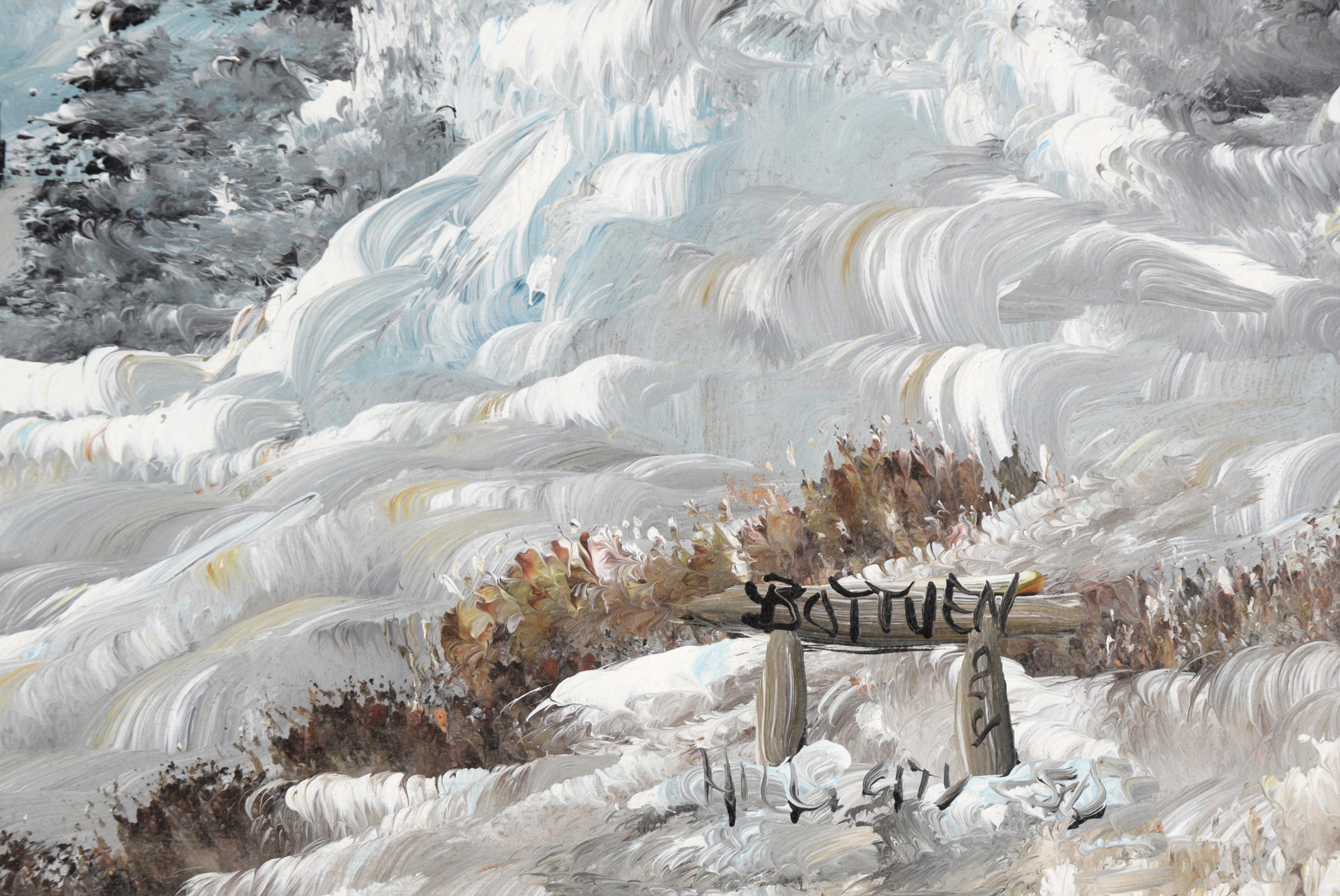 Expressive winter landscape by an unknown artist (20th Century). Signed, dated, and titled in lower right corner. Presented in a rustic wood frame. Painting size: 18