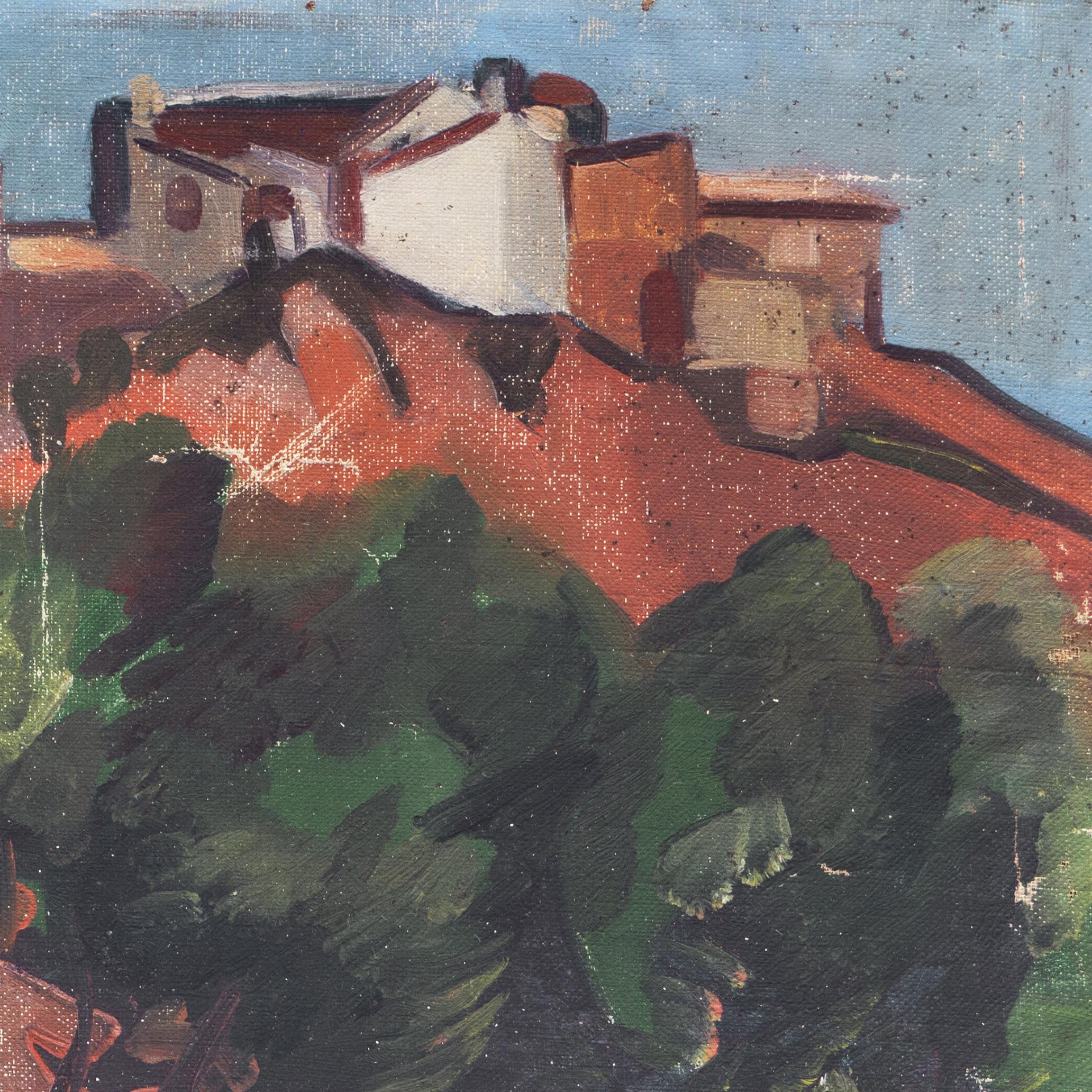 Signed indistinctly lower center and painted circa 1900.

An early twentieth-century, Post-Impressionist landscape showing a view of an ancient Provençale hill town, possibly Roussillon, overlooking a verdant valley. An attractively composed and