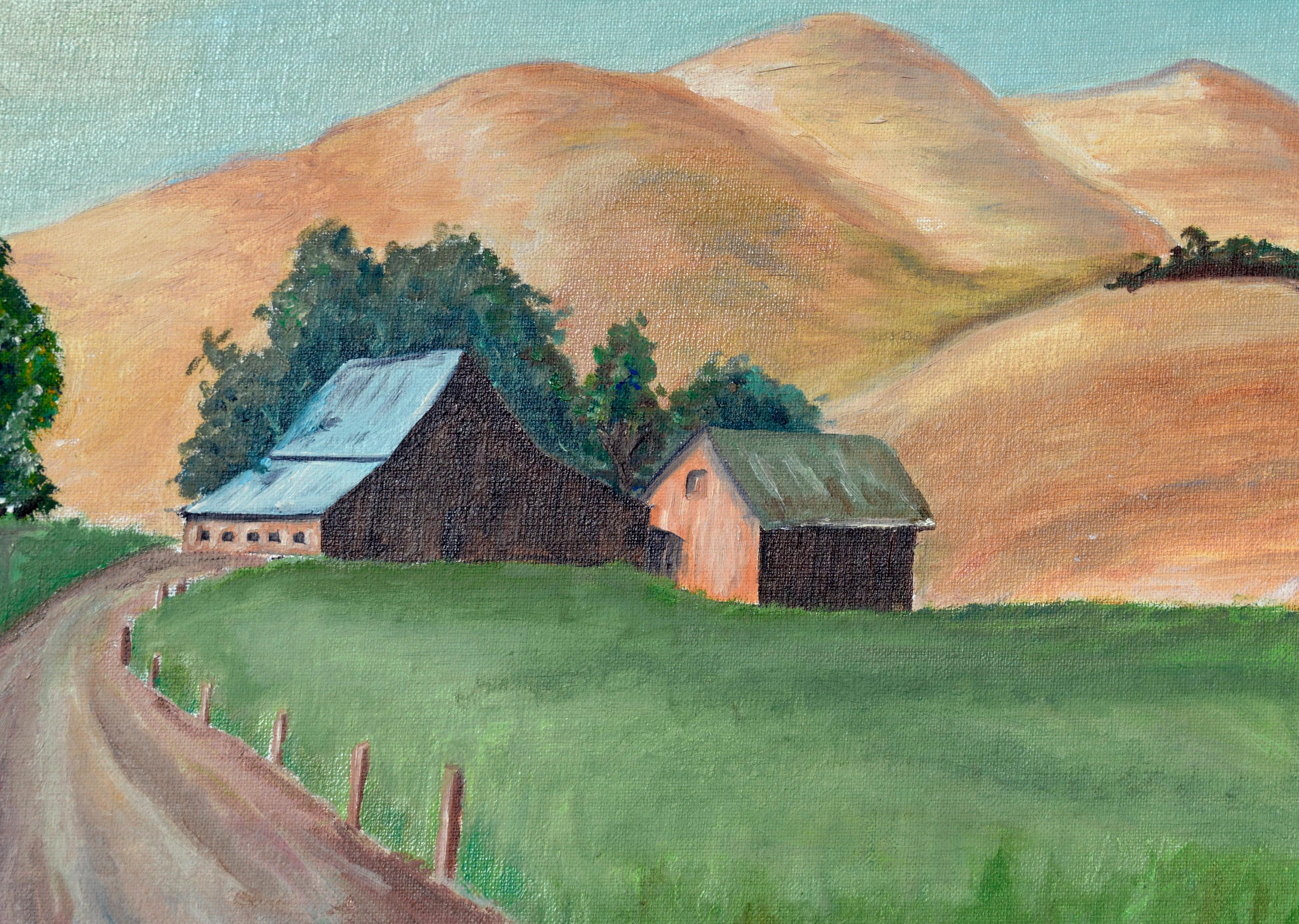 Hillside Farmhouse - Mid Century Landscape  - Painting by Unknown