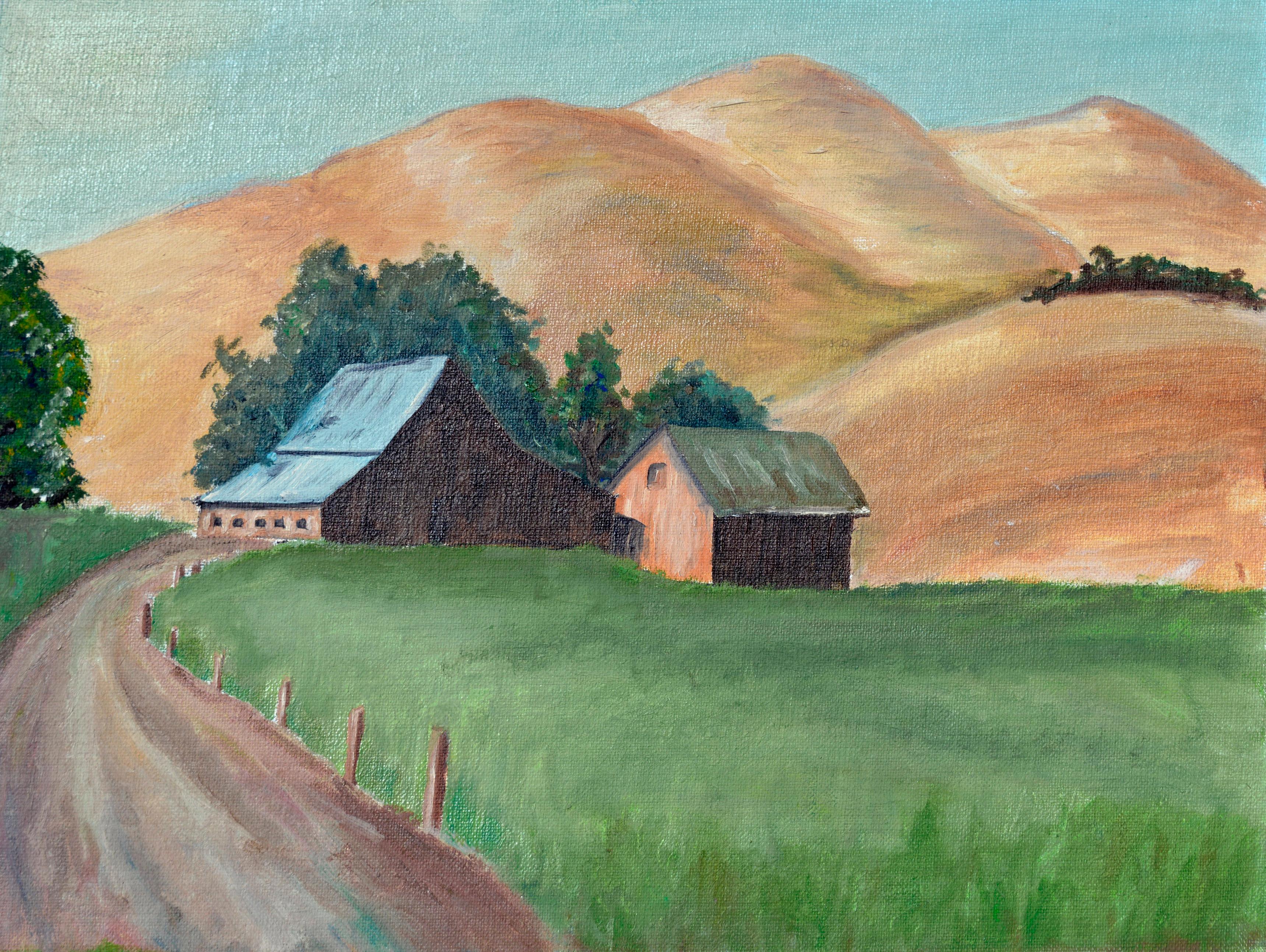 Unknown Landscape Painting - Hillside Farmhouse - Mid Century Landscape 