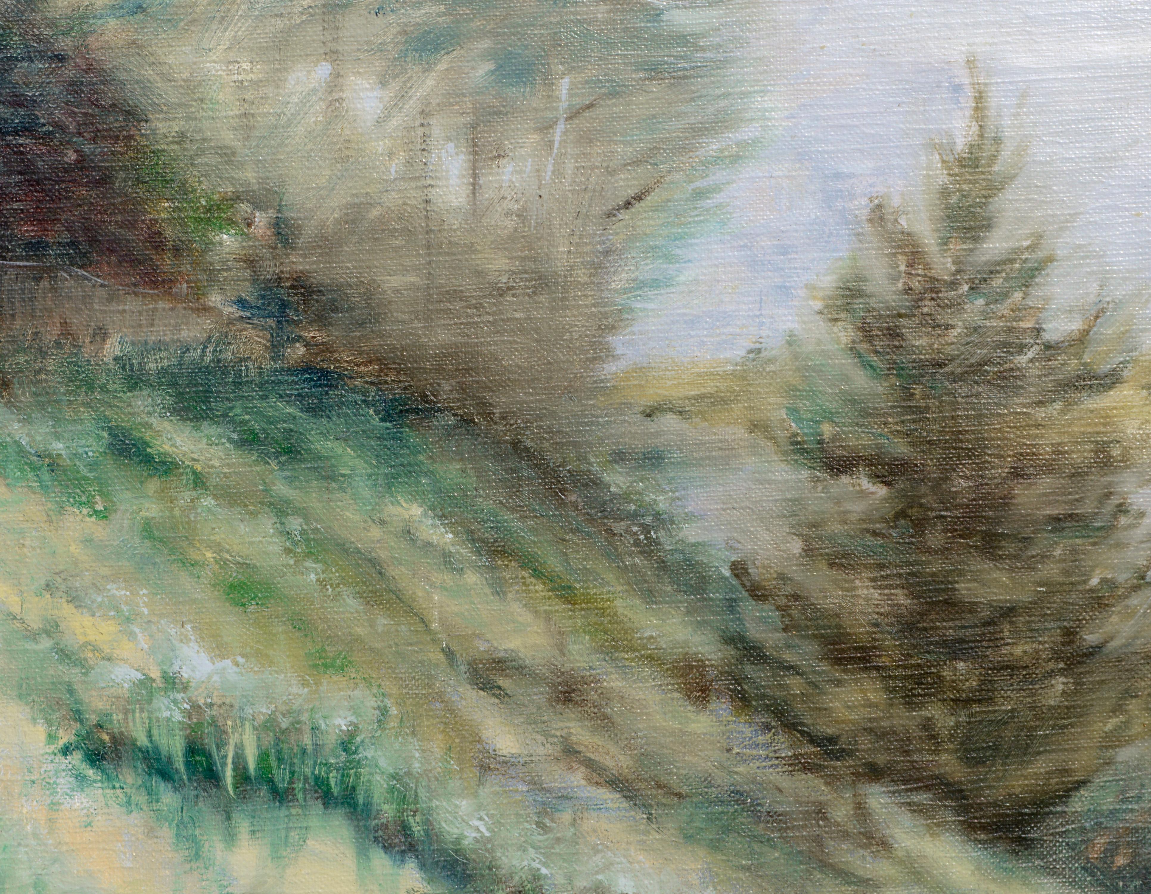 Paysage brumeux et verdoyant à petite échelle d'un artiste inconnu (