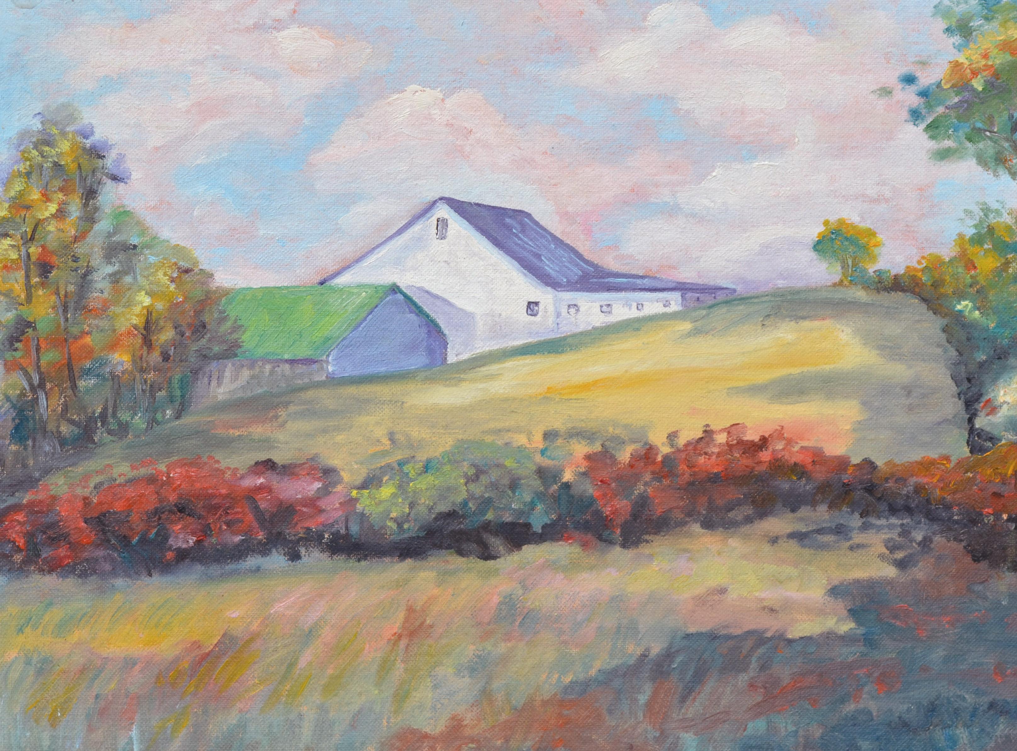 Mid Century Landscape -- Hilltop Barn in Autumn - Painting by Unknown
