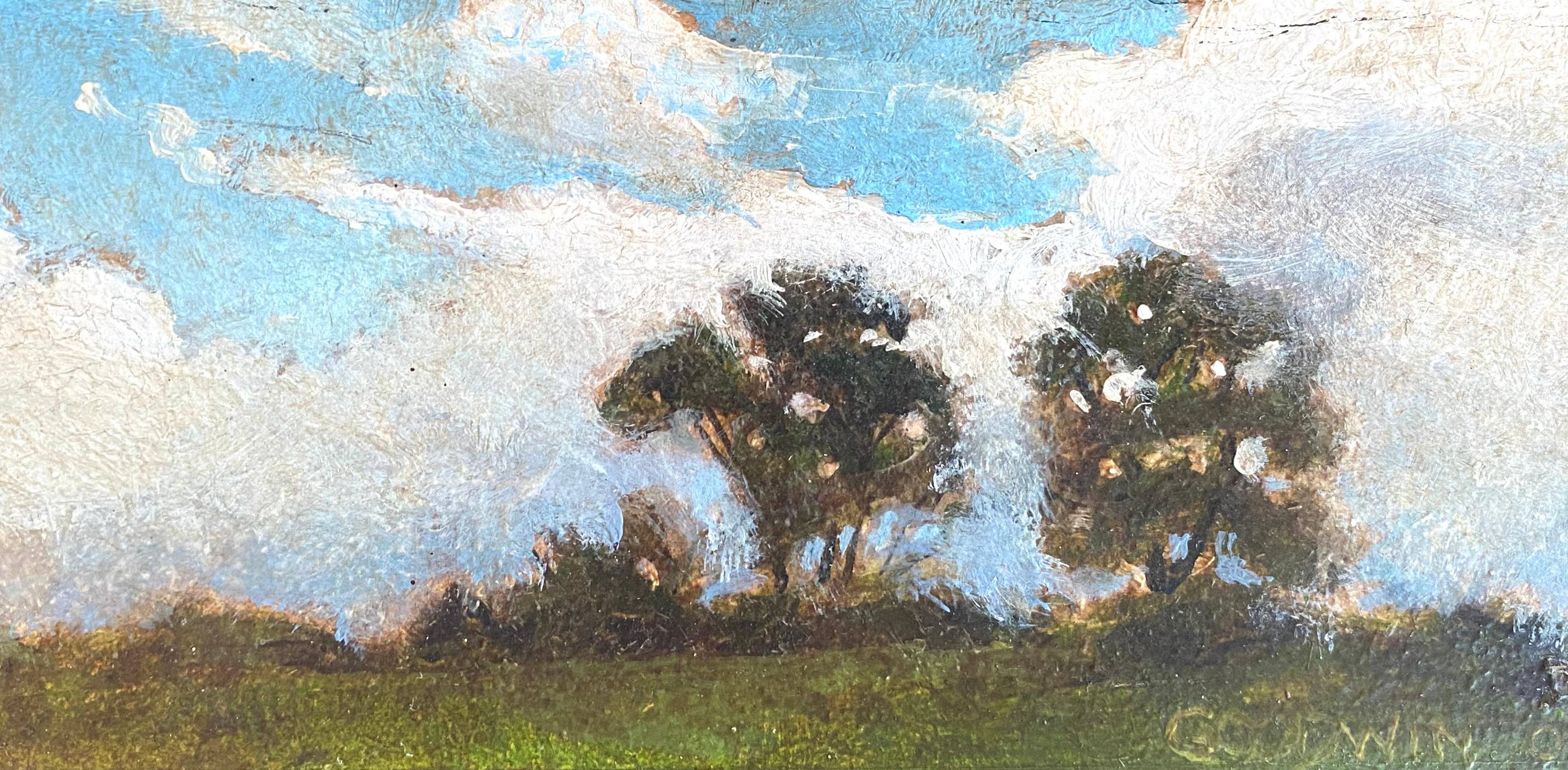 Small well executed oil on card stock mounted to board miniature painting of two treesq on a hillside.  Signed lower right “Goodwin 05”. Condition is very good. Artist unknown. The artist might be a Michael Goodwin.  Maine artist who now lives in