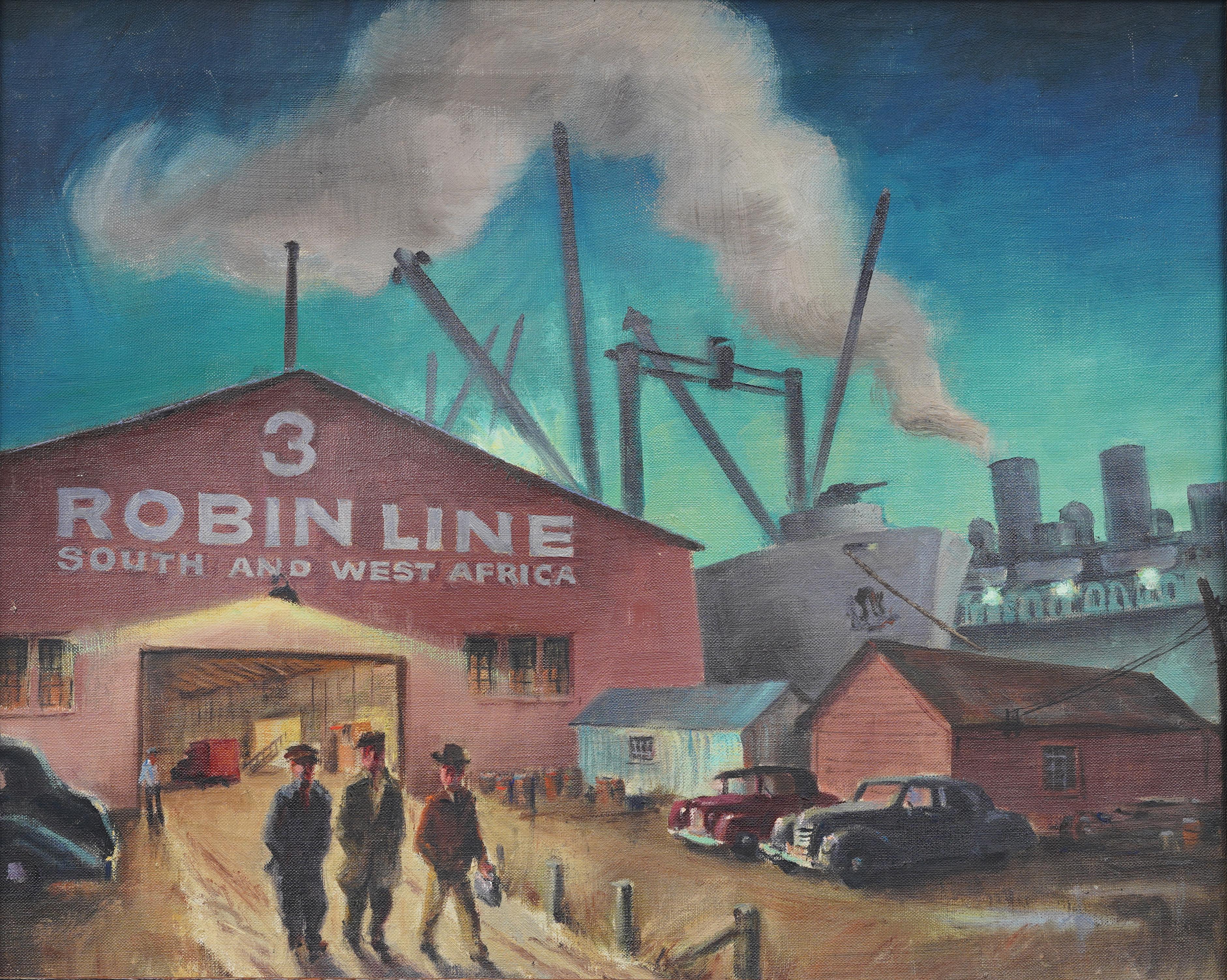 Historische amerikanische Schule Modernist WPA New York City Shipping Dock Ölgemälde (Moderne), Painting, von Unknown
