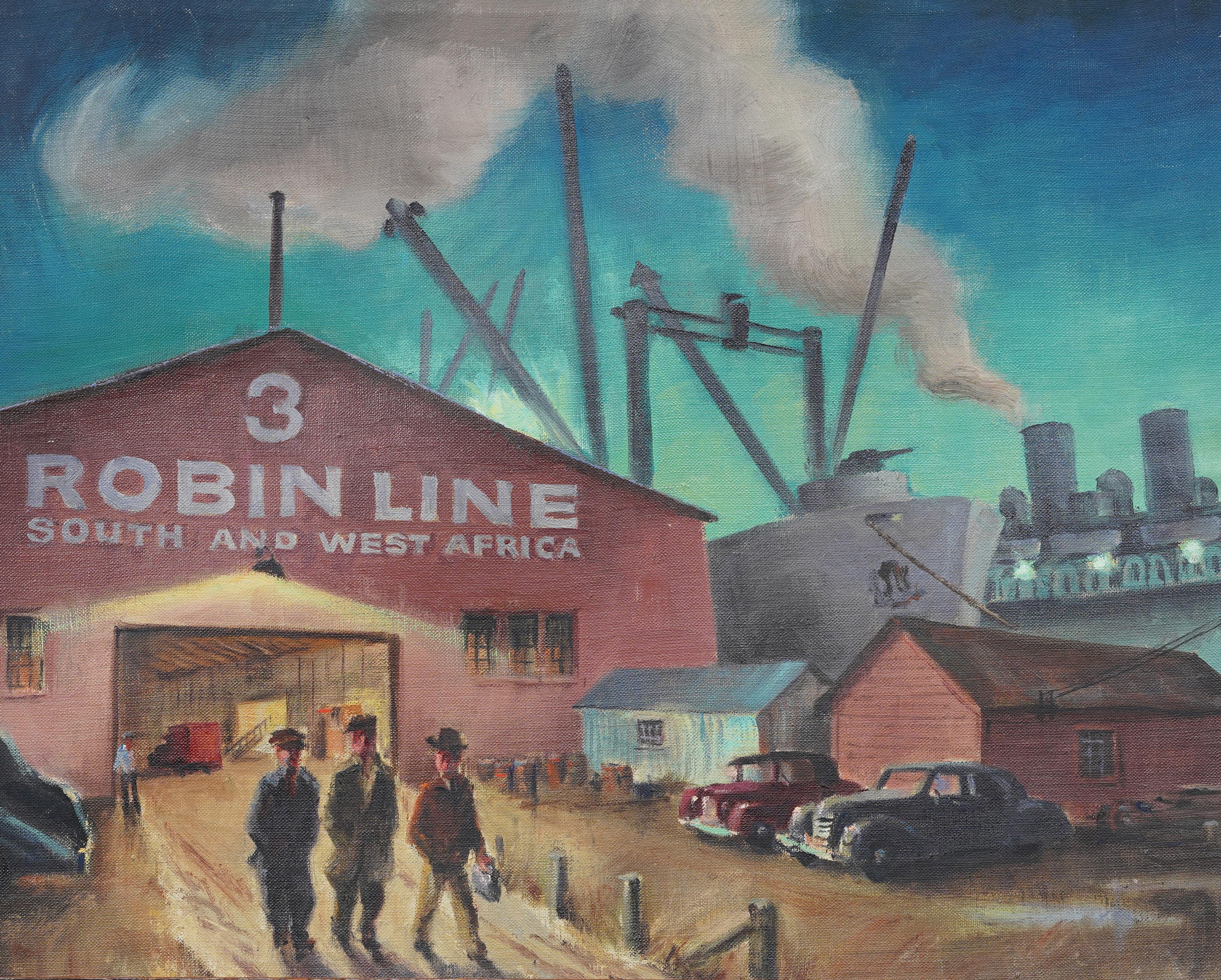Historische amerikanische Schule Modernist WPA New York City Shipping Dock Ölgemälde (Grau), Landscape Painting, von Unknown