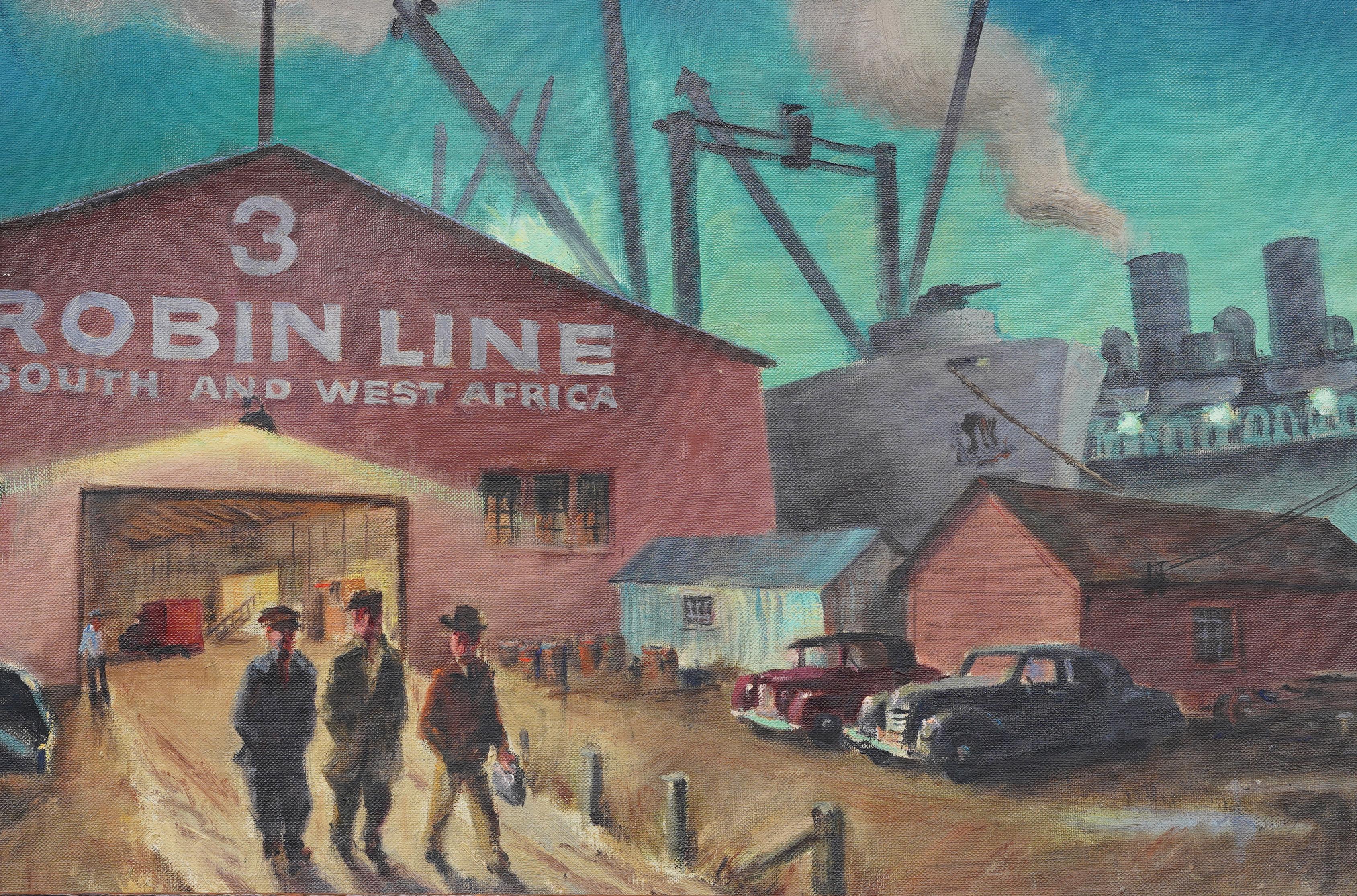 Antike amerikanische modernistische New Yorker Hafenszene.  Öl auf Leinwand.   In ausgezeichnetem Originalzustand.  Hübsch gerahmt in einem historischen  moderne Formgebung.  Ausgezeichneter Zustand, bereit zum Aufhängen und Genießen. 