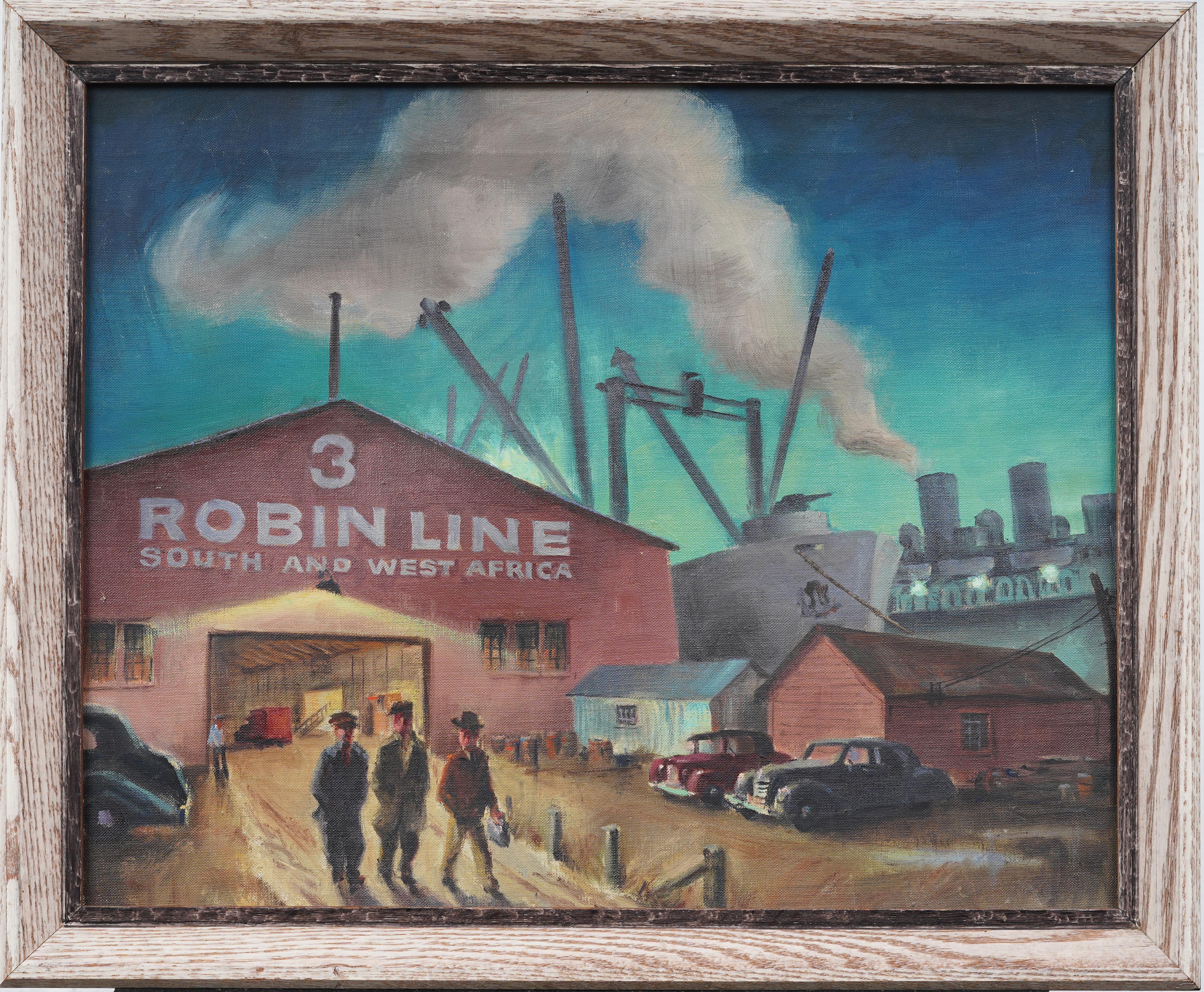 Storico dipinto ad olio di scuola americana modernista WPA New York City Shipping Dock