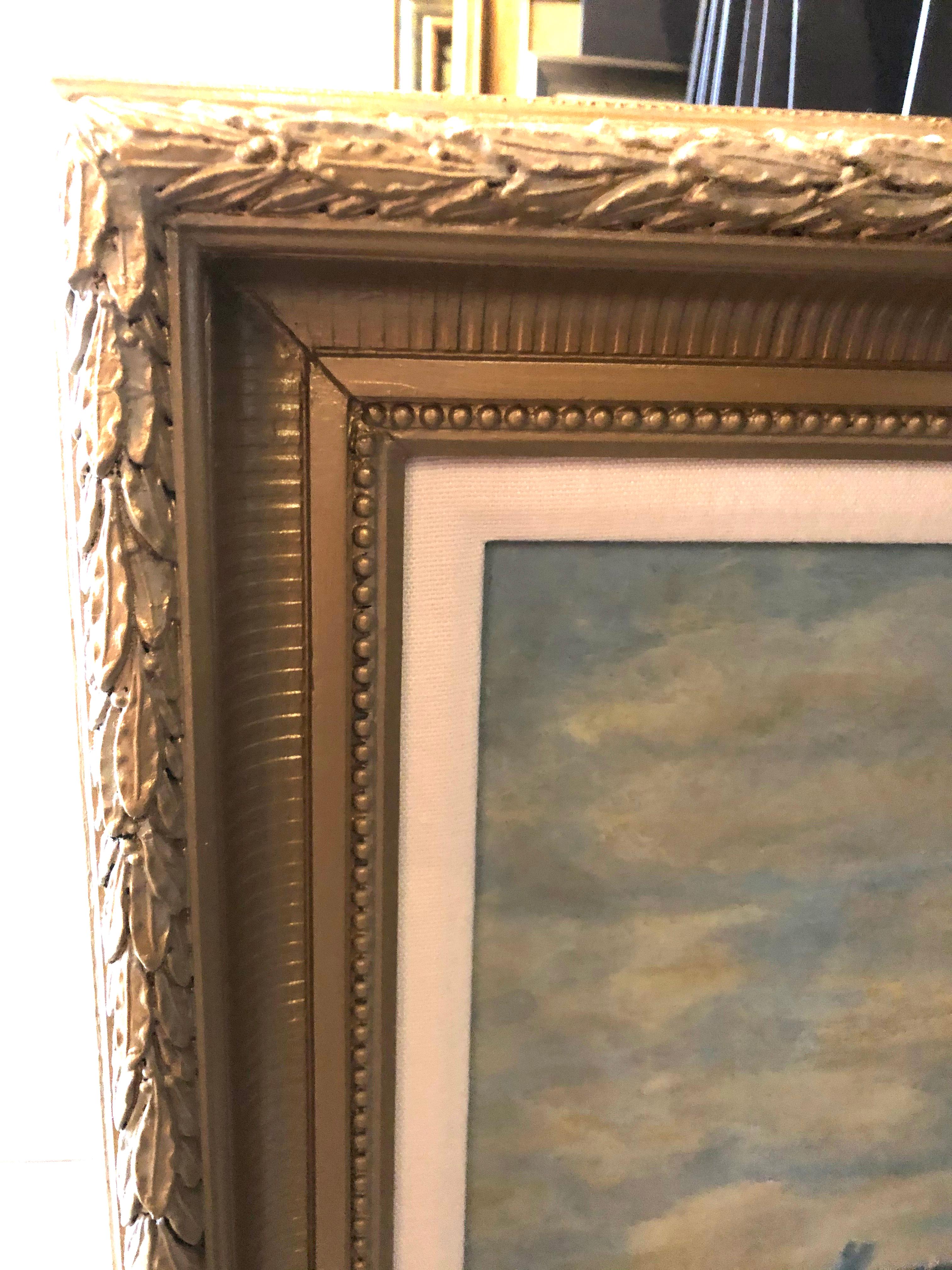 This 19th c. classically realistic oil on canvas painting depicts the majesty of a large sailing vessel on the sea against a light blue sky filled with white cumulus clouds. A gentle wind creates white seafoam as the waves break against the bow of