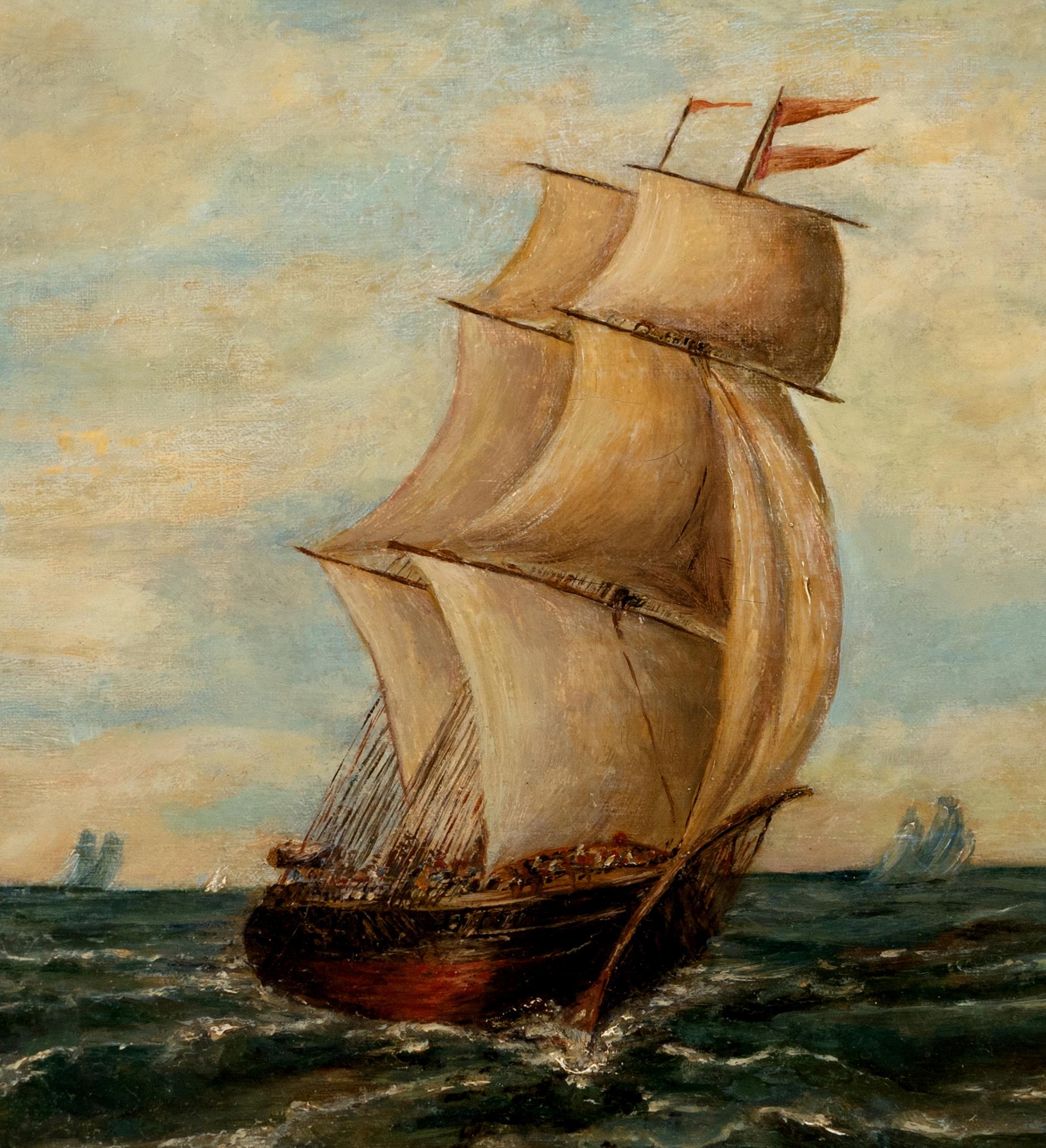 Peinture à l'huile sur lin d'un navire à voile historique, par Inconnu - Painting de Unknown