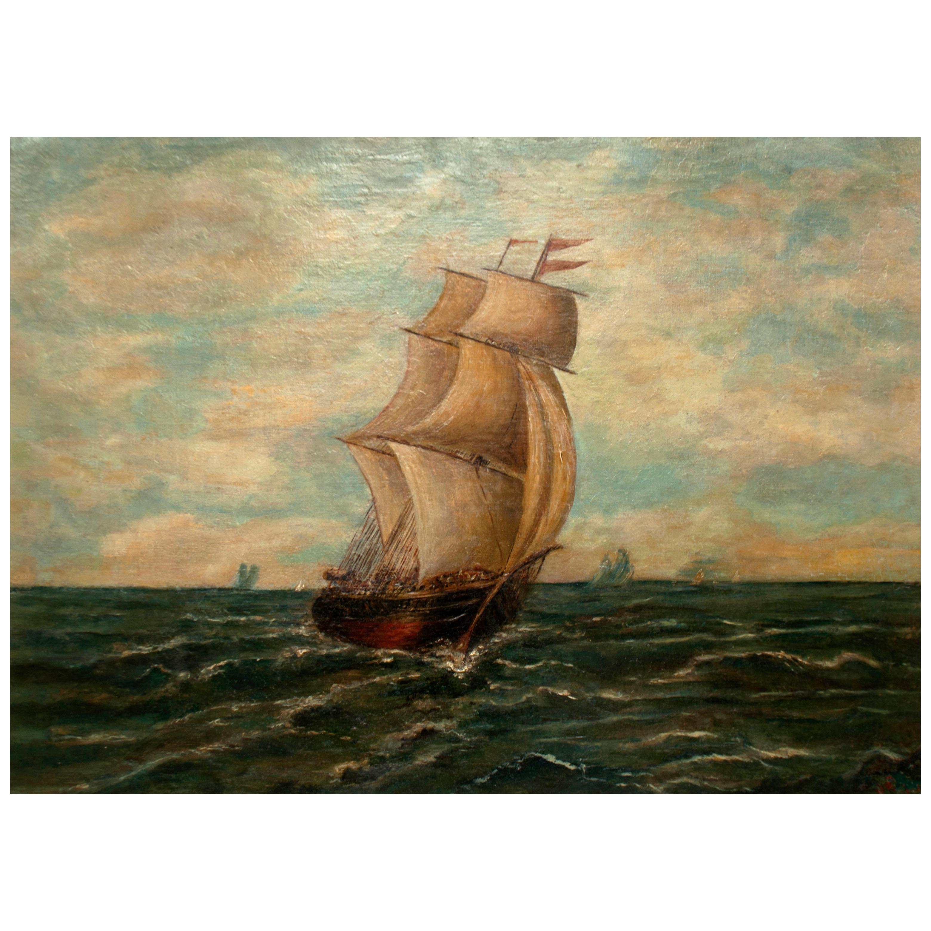 Cette huile sur toile du 19e siècle, d'un réalisme classique, représente la majesté d'un grand voilier sur la mer, dans un ciel bleu clair rempli de cumulus blancs. Un vent doux crée de l'écume blanche lorsque les vagues se brisent contre la proue