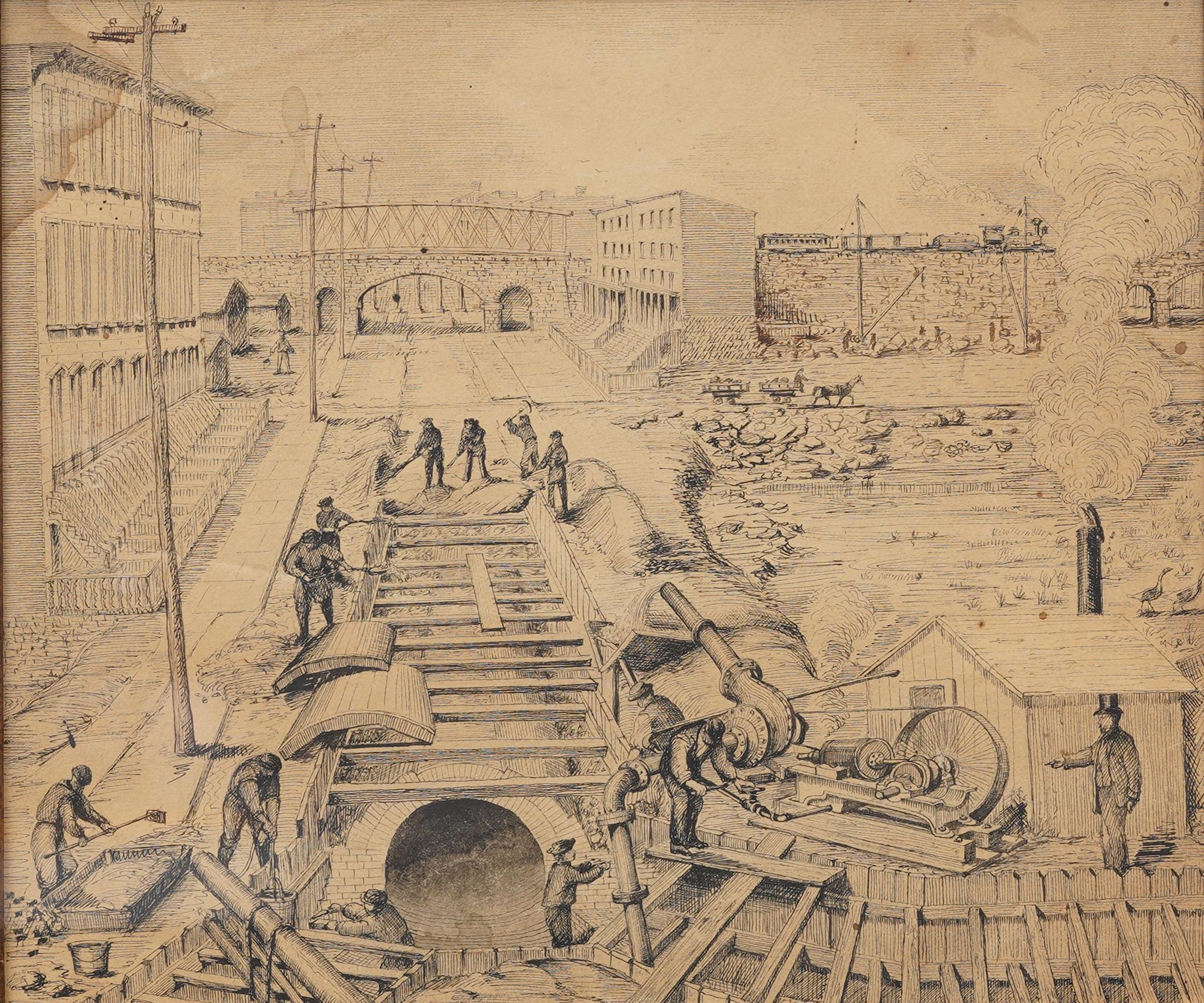 Edificio topografico storico Sistema ferroviario della metropolitana di New York Disegno del paesaggio - Painting Realismo di Unknown