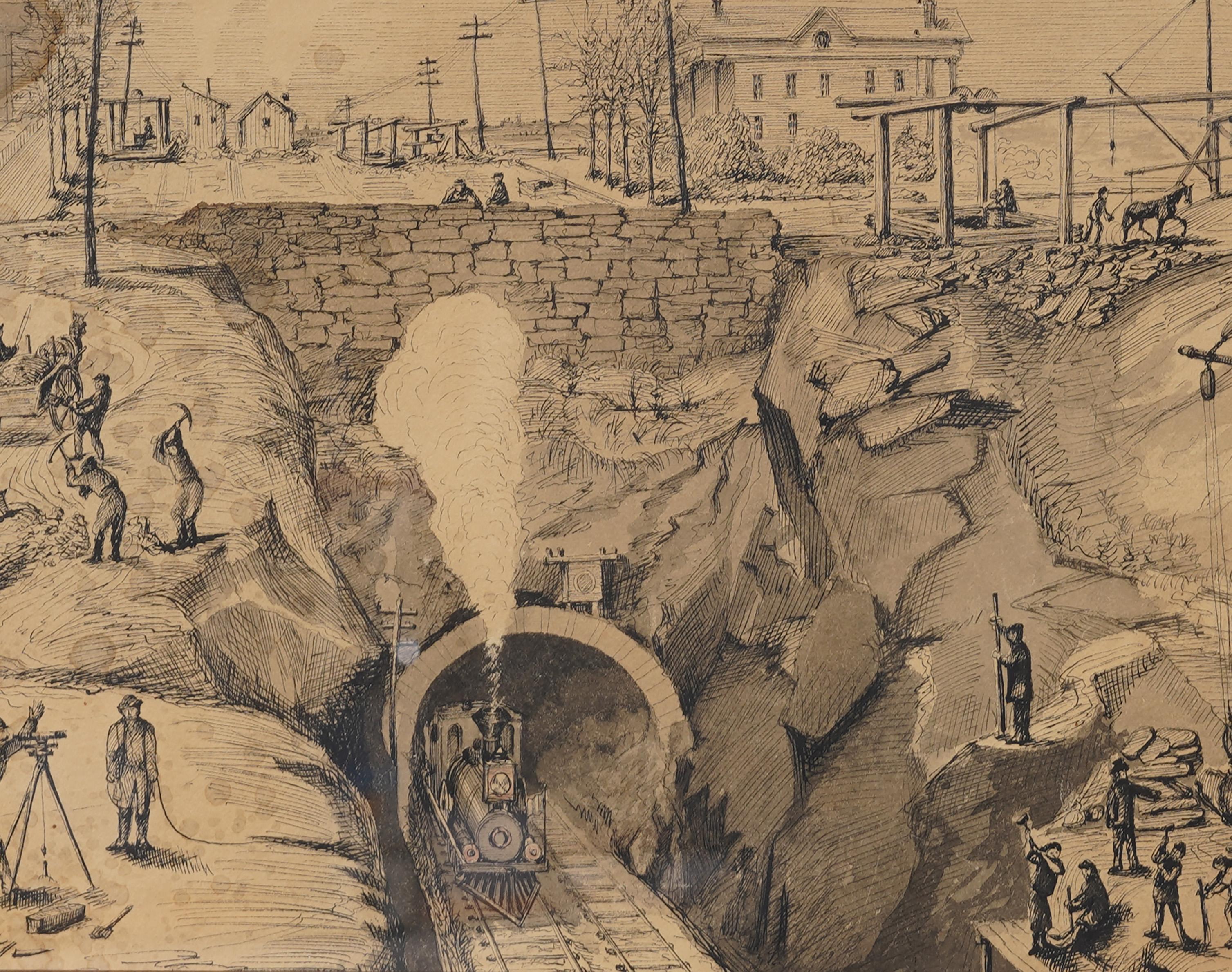 Edificio topografico storico Sistema ferroviario della metropolitana di New York Disegno del paesaggio - Landscape Painting Marrone di Unknown